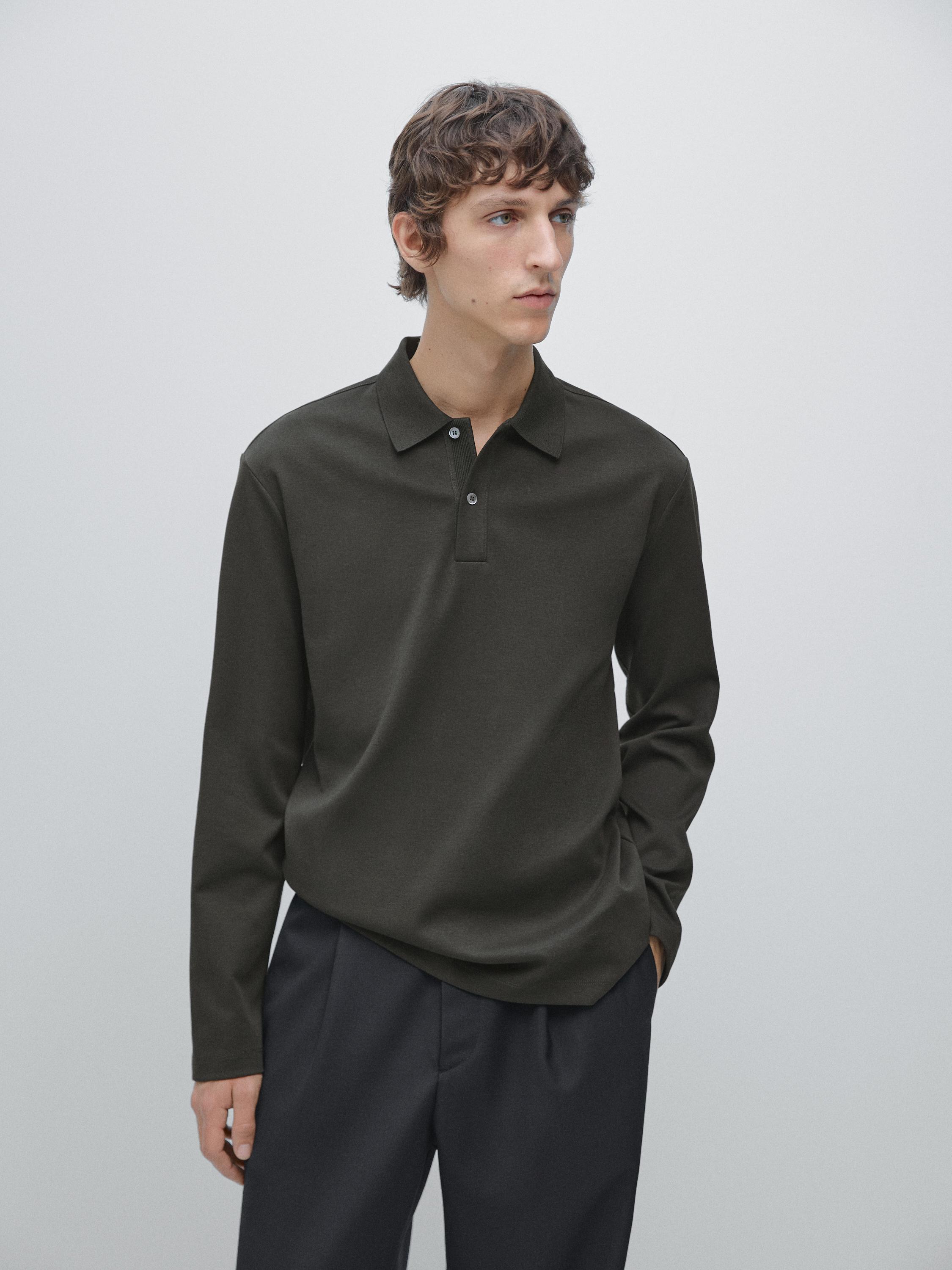 Long sleeve polo shirt with ribbed detail — CHARCOAL GREY