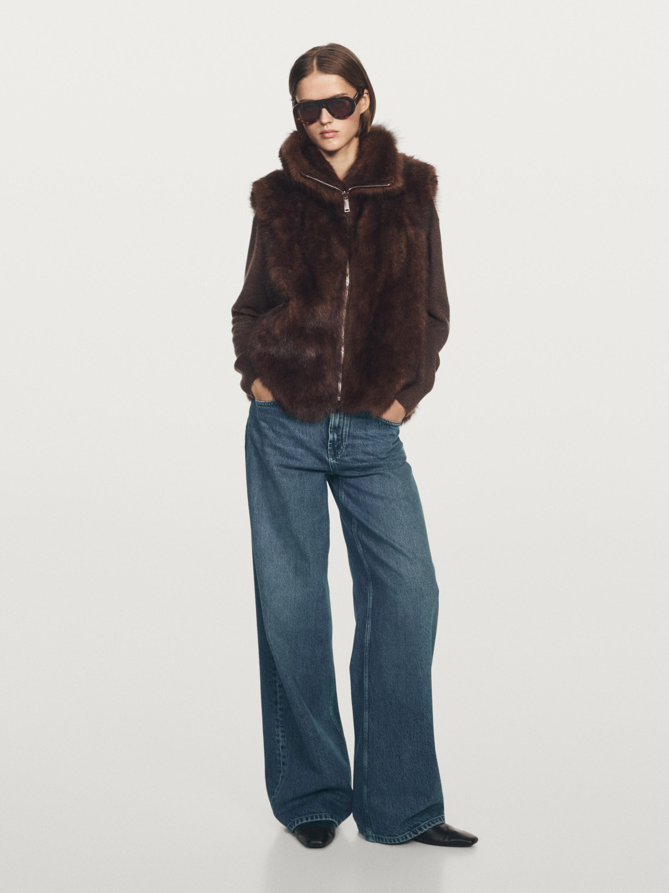 Leather high-neck waistcoat with fur — BROWN