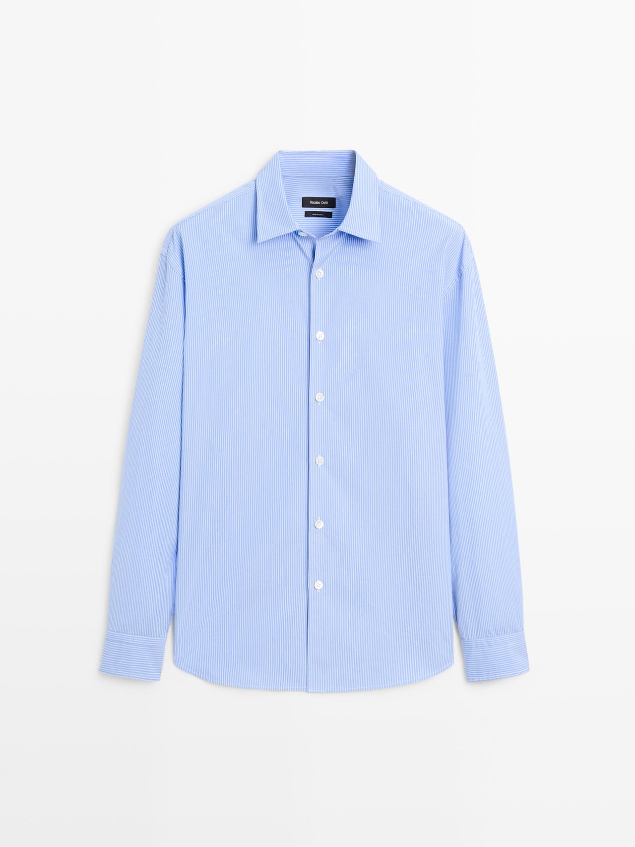 Massimo Dutti - Herre - Regular Fit, Stribet Skjorte I Poplin - Kongeblå - L