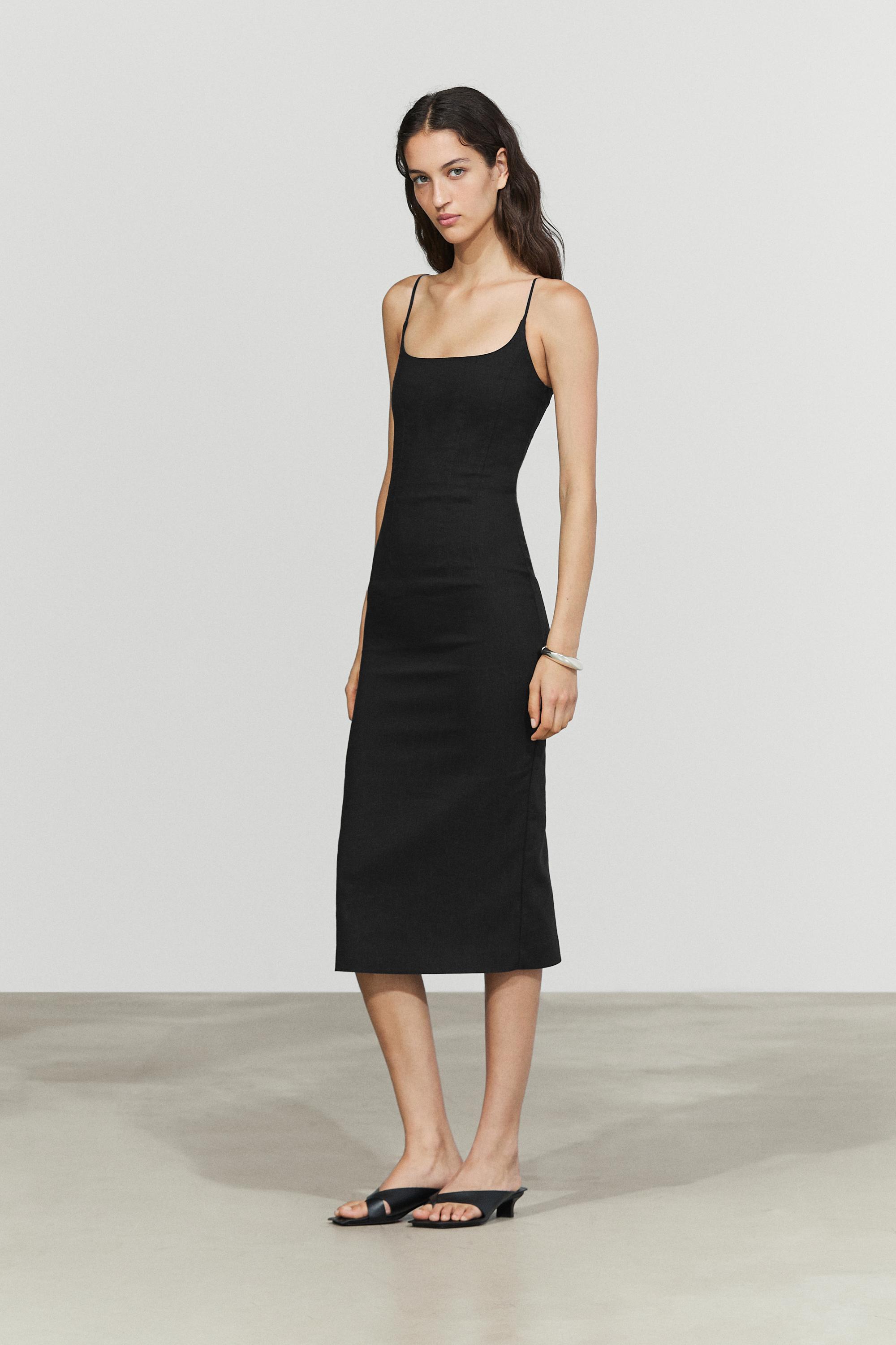 Linen-blend thin strap midi dress — BLACK