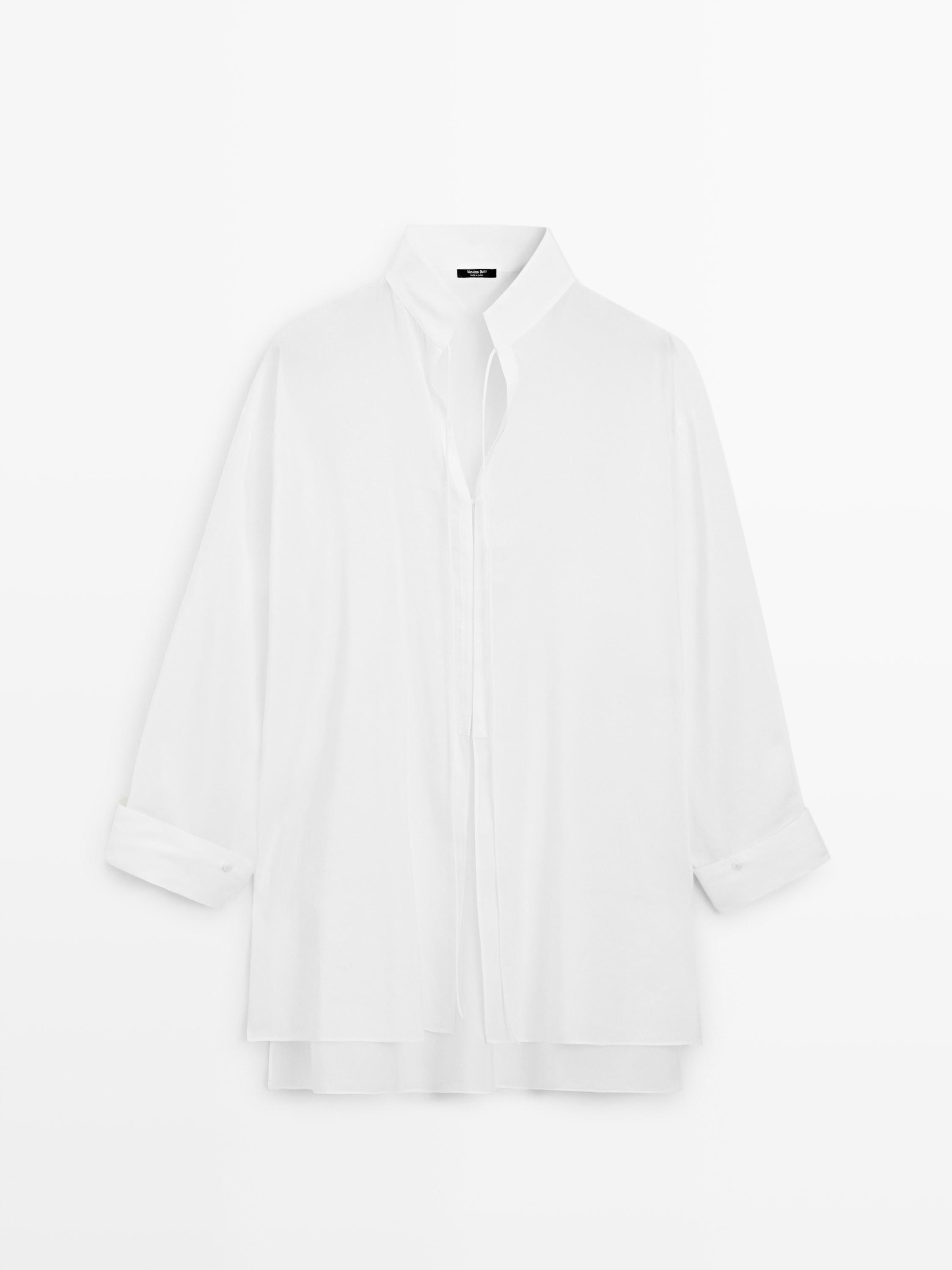 Flowing linen blend shirt with stand collar