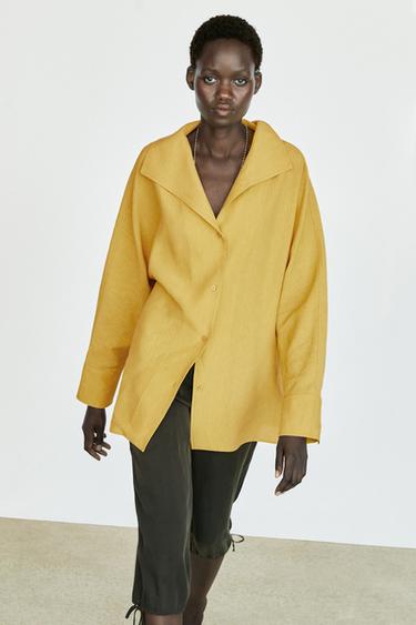Flowing linen blend shirt with statement collar — MUSTARD YELLOW 8