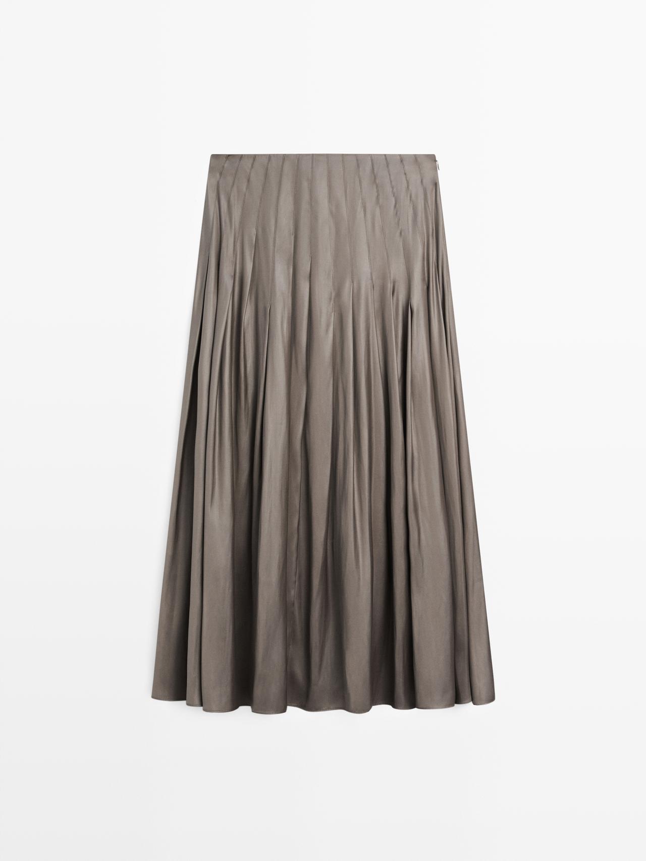 Massimo Dutti - Dame - Midinederdel Med Læg Og Voksbehandlet Finish - Grå - 42