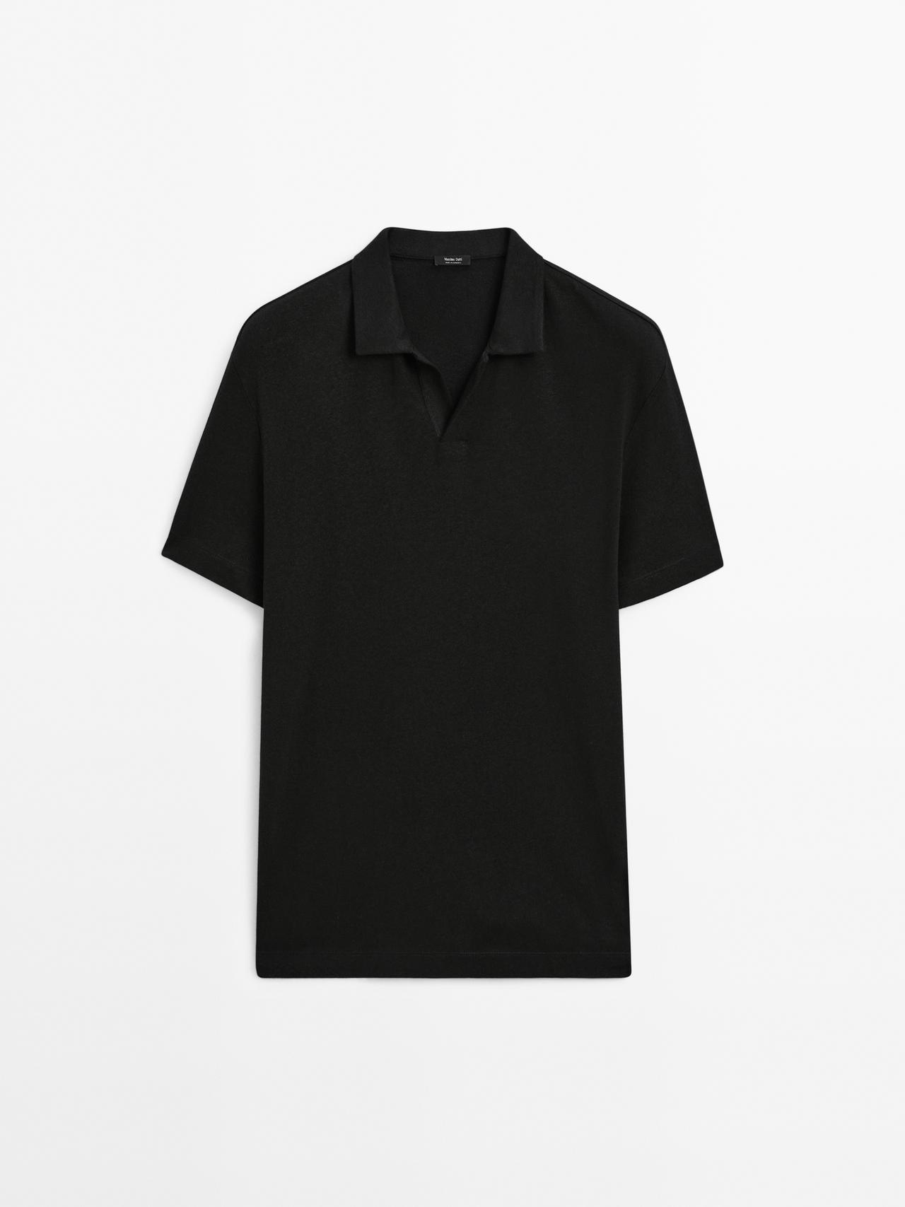 Massimo Dutti - Herre - Kortærmet Poloshirt I Hørblanding - Sort - L