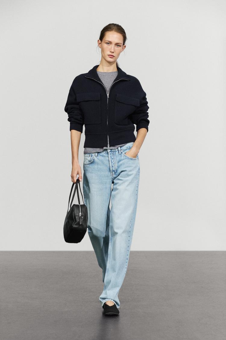 Zip-up knit cardigan with cotton — DEEP BLUE