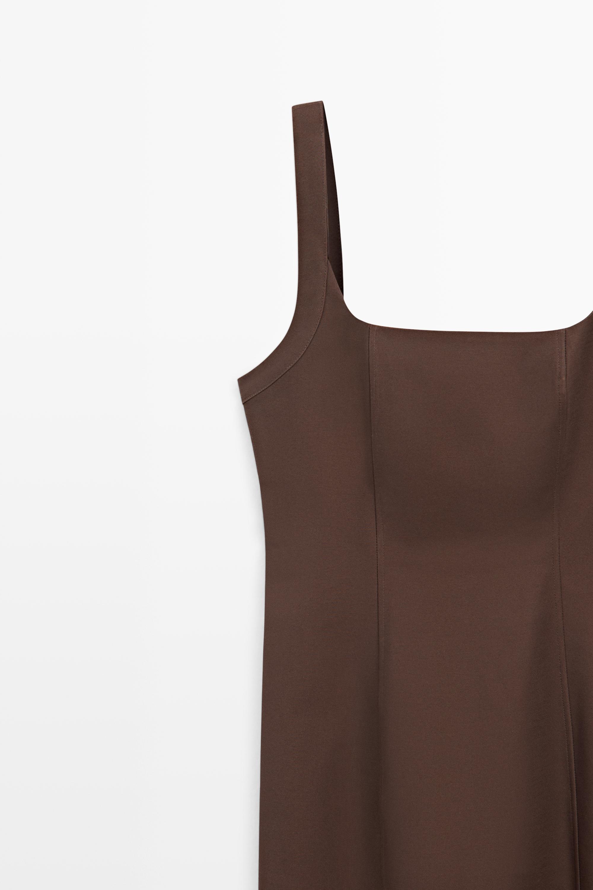 Cotton blend strappy midi dress — BROWN