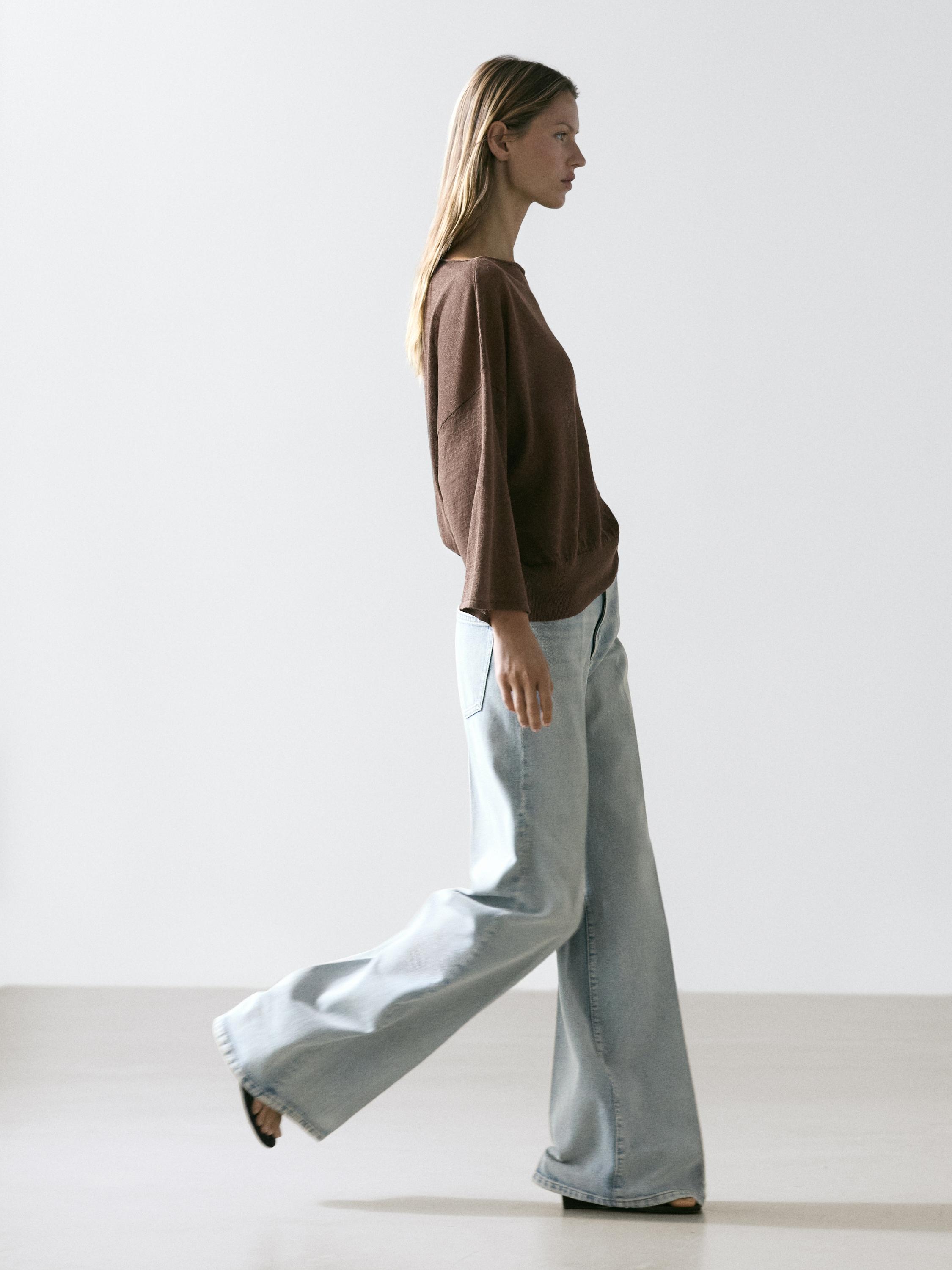 Linen knit boat neck T-shirt — BROWN