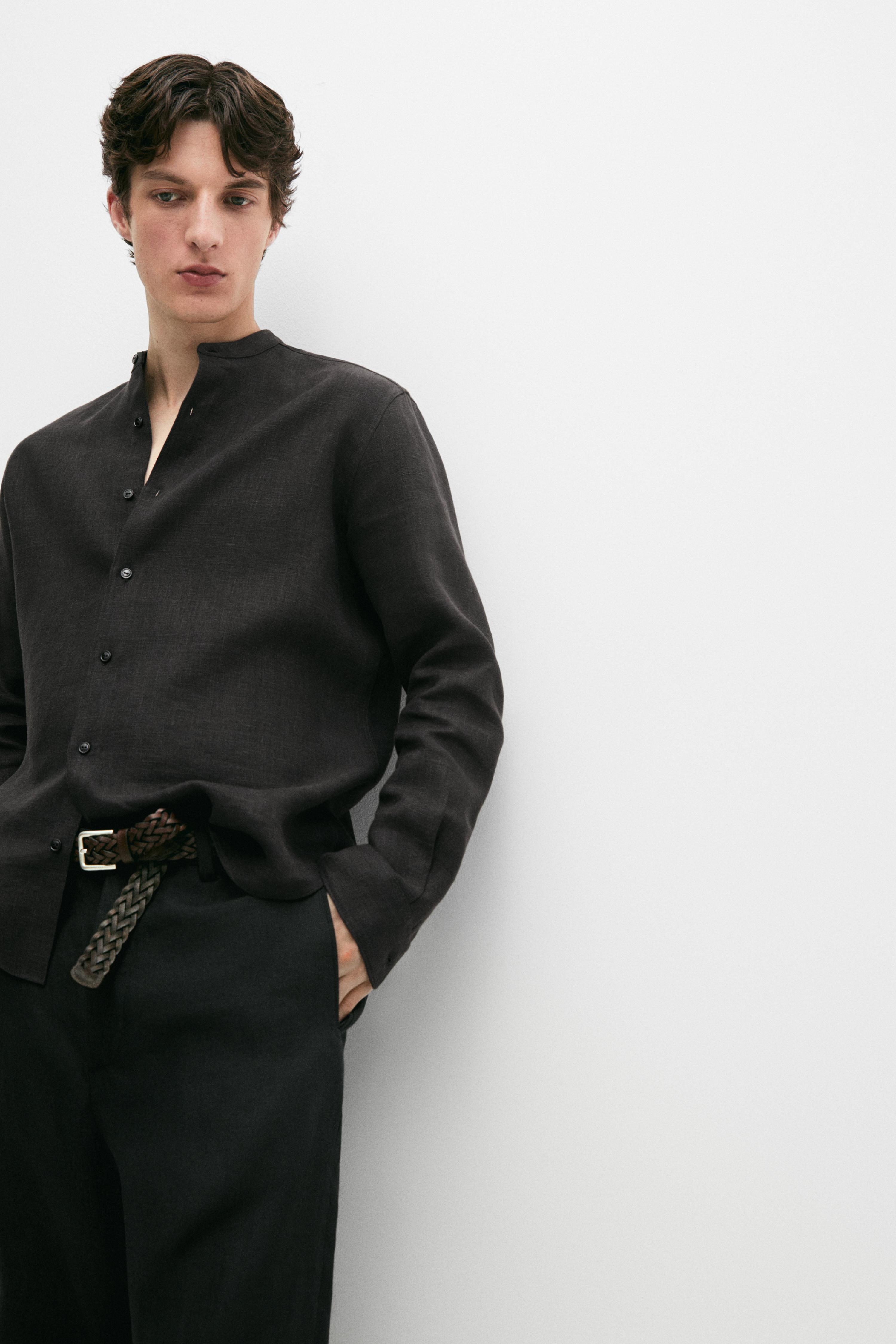 100% linen stand collar shirt — BLACK