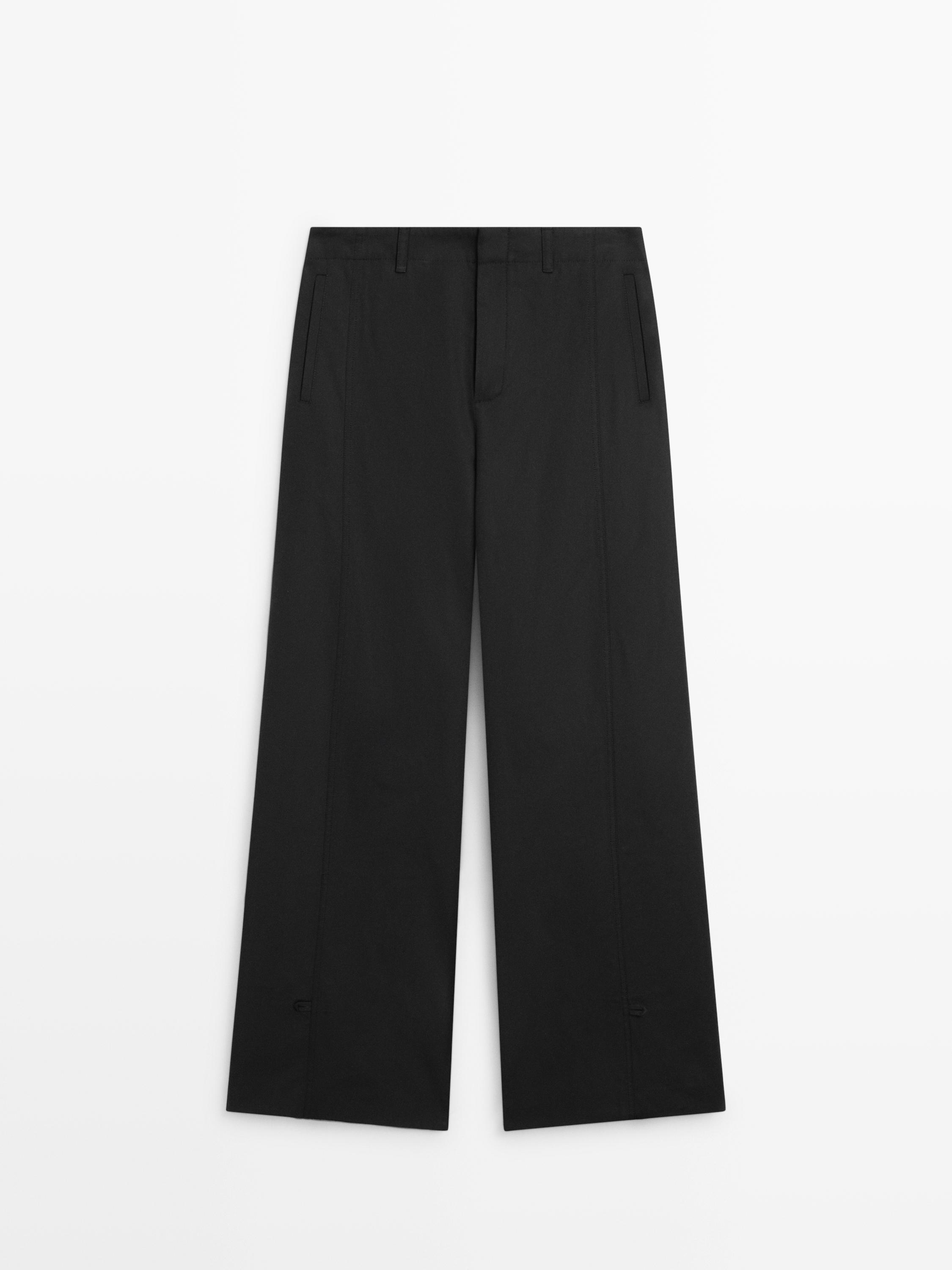 Cotton blend trousers with hem detail — BLACK