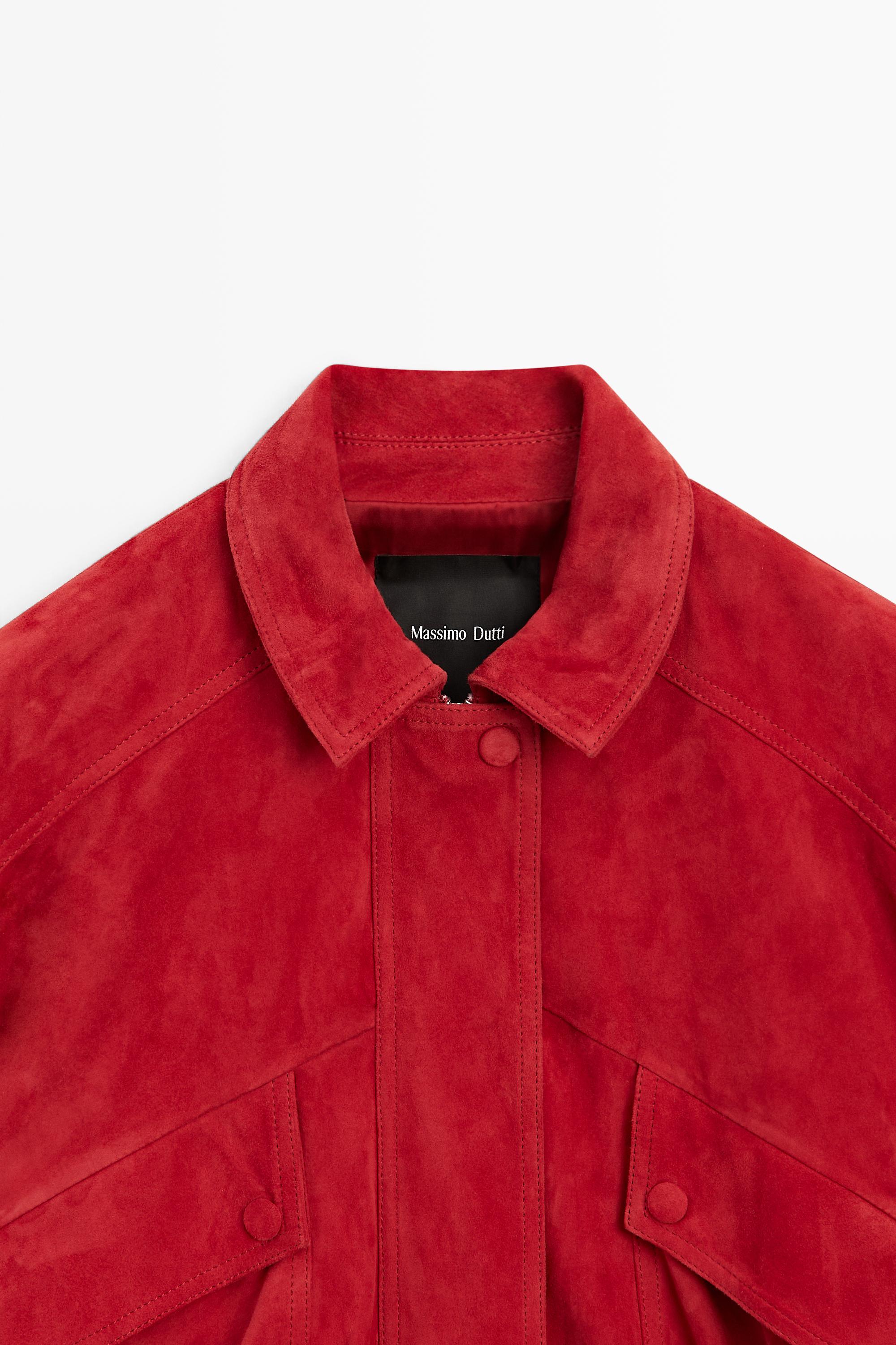 Suede leather bomber jacket with pocket details — RED