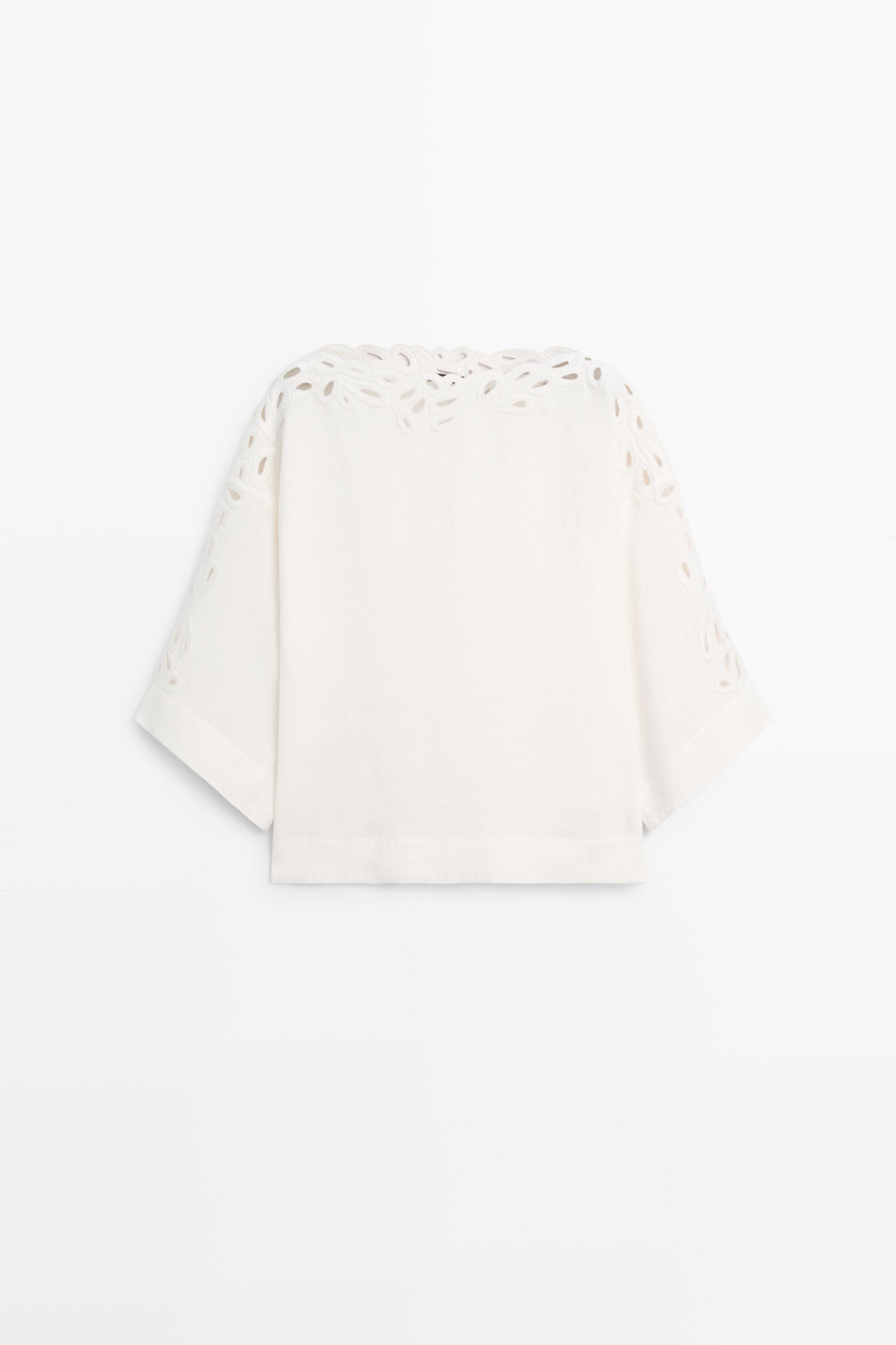 Linen boat neck blouse with embroidery — CREAM