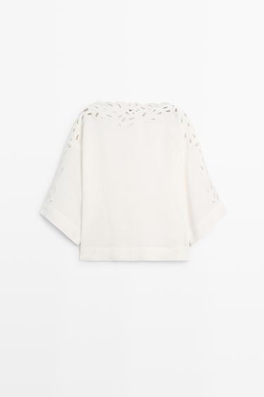 Linen boat neck blouse with embroidery — CREAM 2