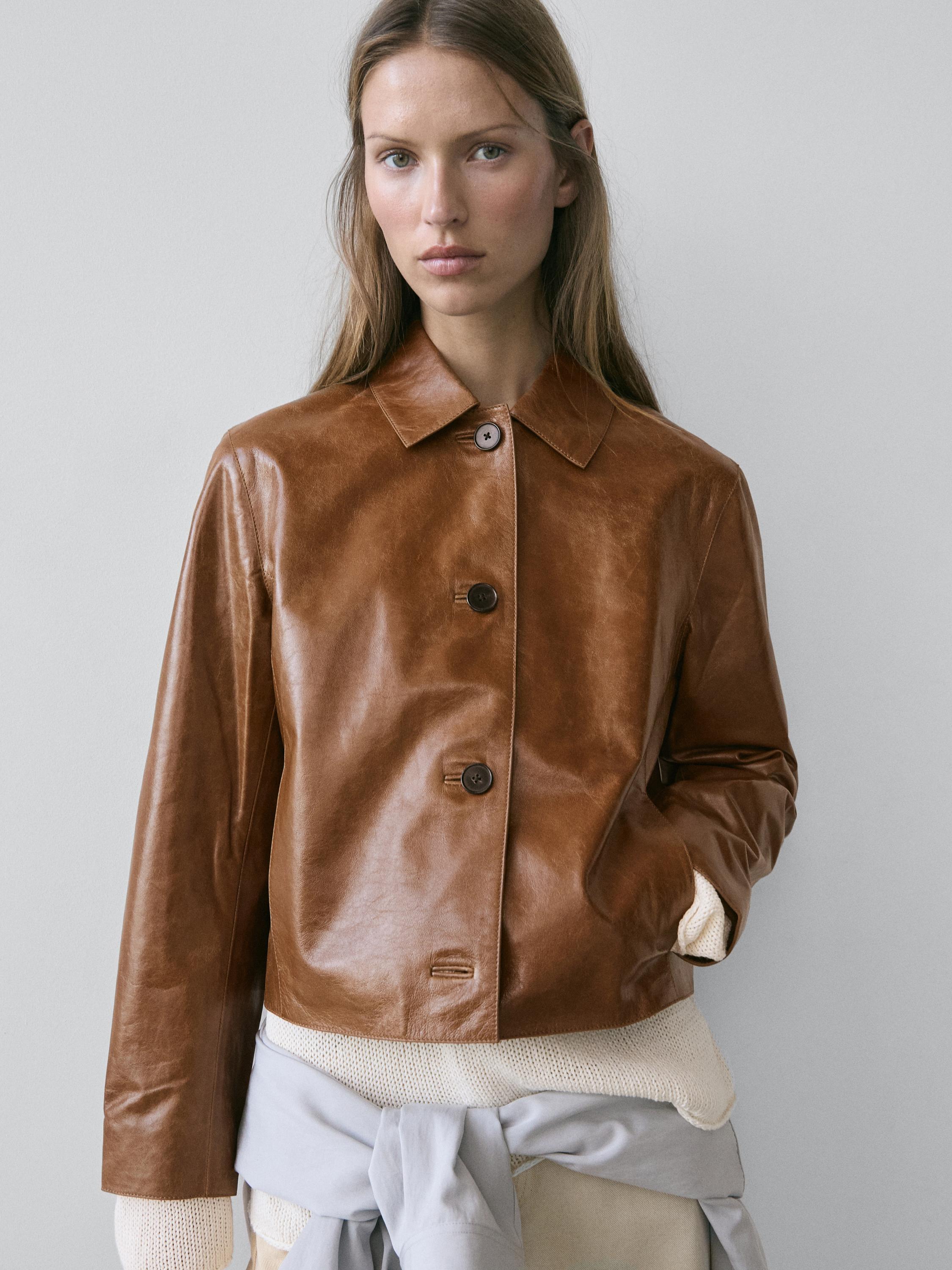 Cropped nappa leather jacket — CAMEL
