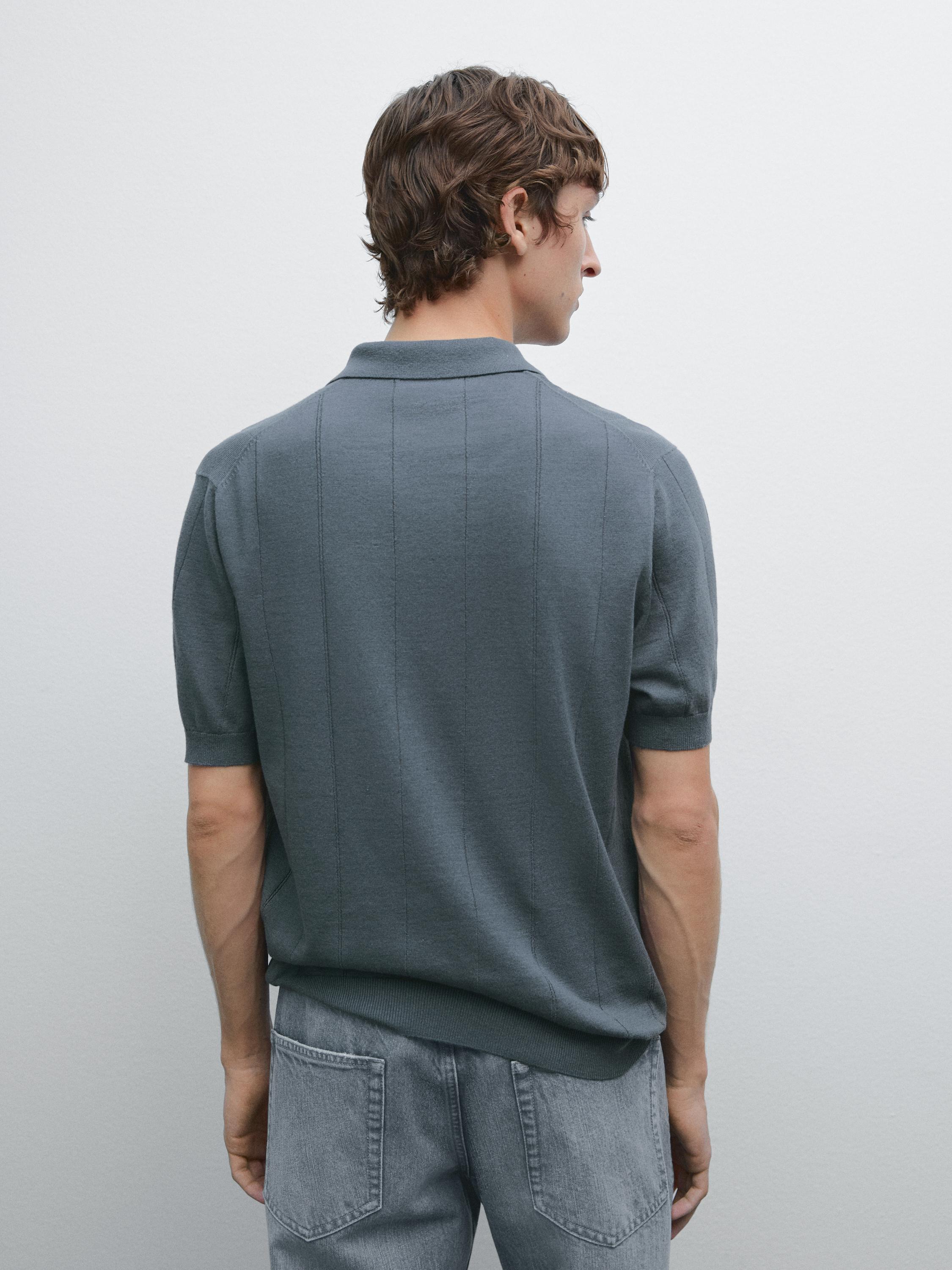 Striped linen blend knit polo shirt