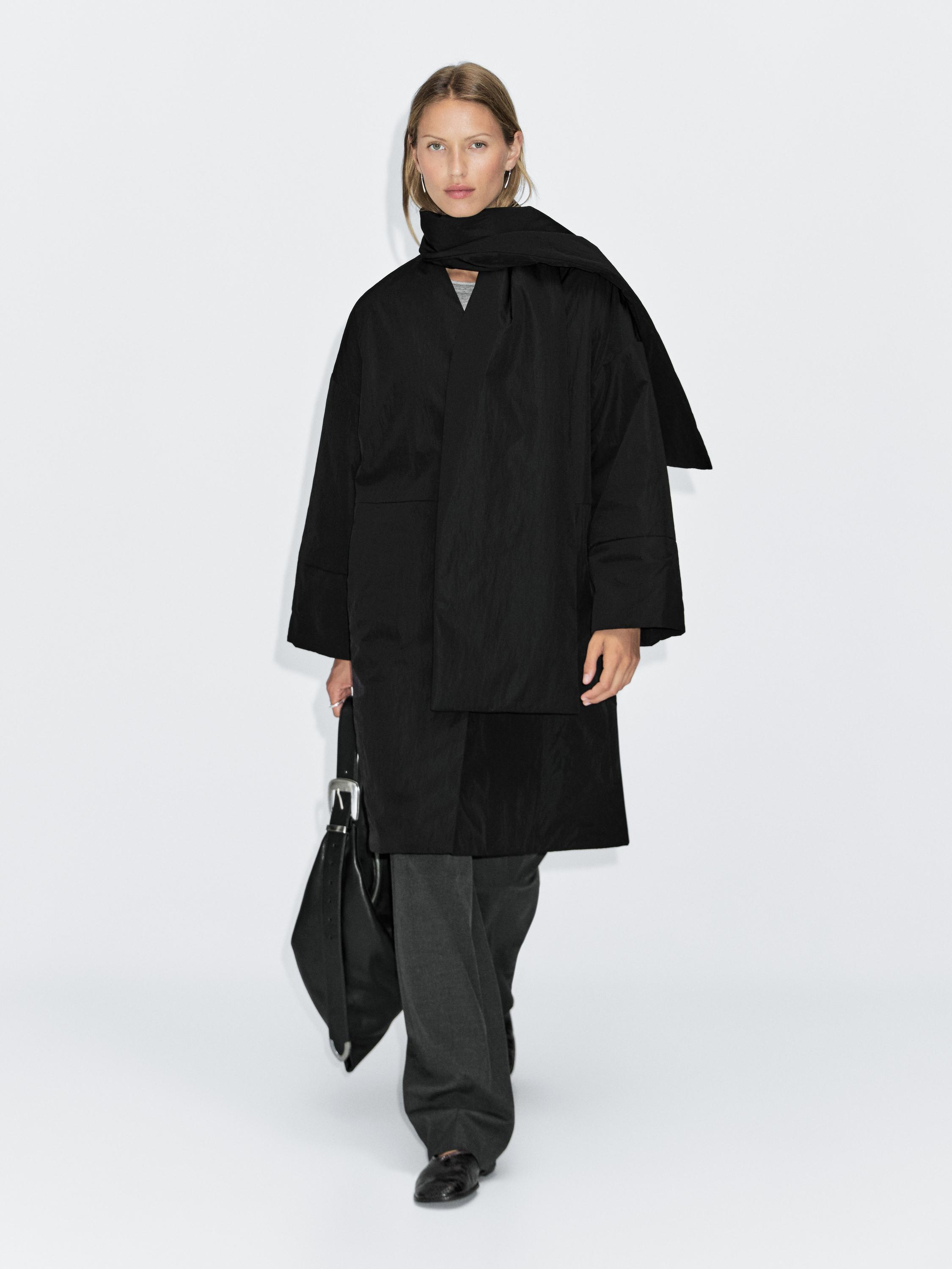 Long padded coat with scarf detail