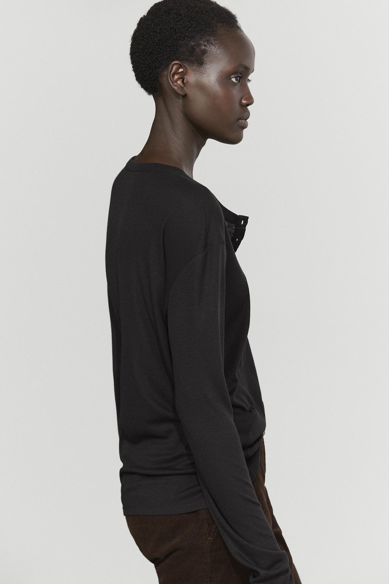 Buttoned henley T-shirt — BLACK