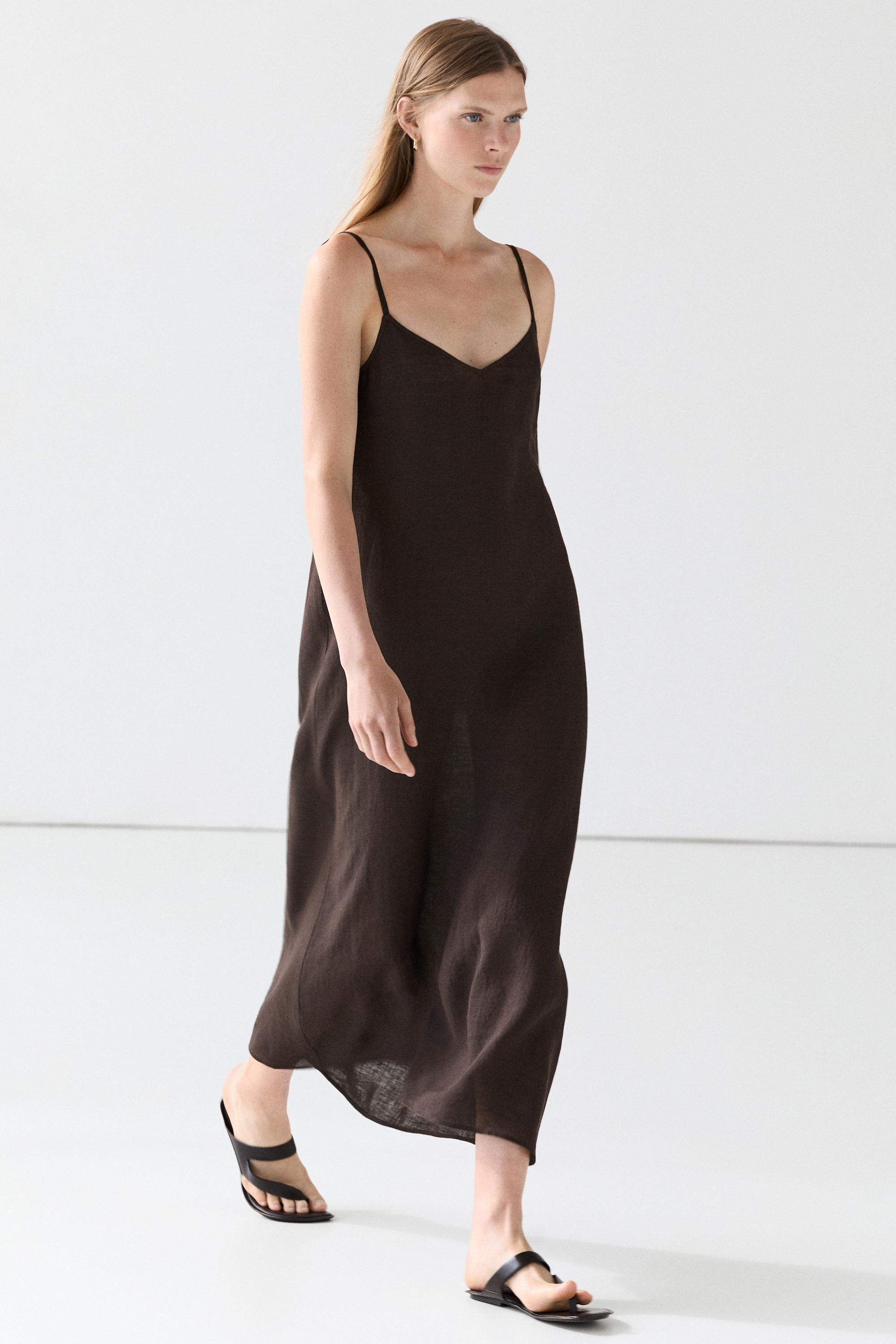 Linen blend crossover dress — BROWN