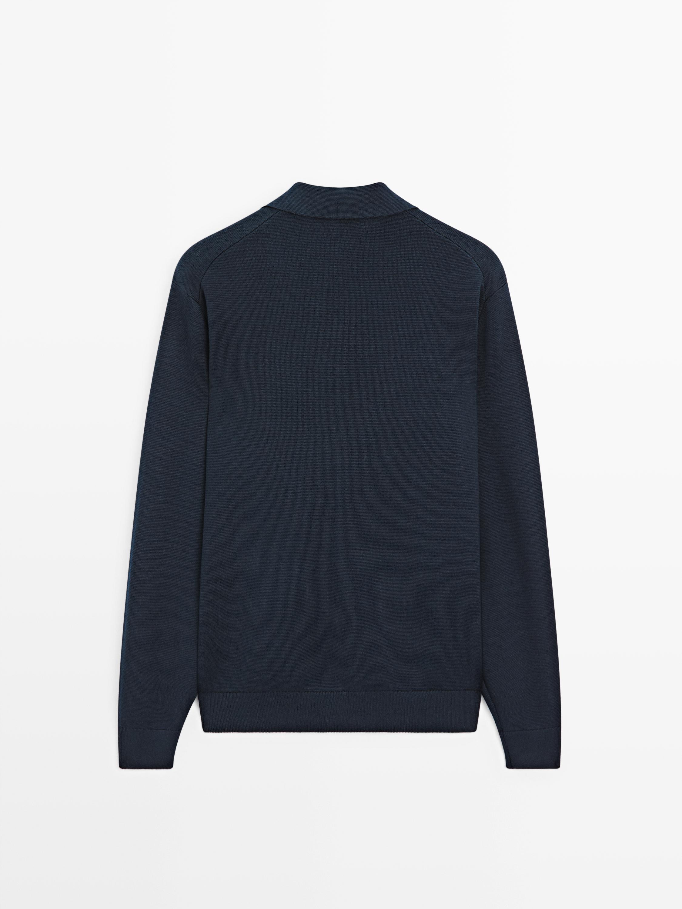 100% cotton knit cardigan with polo collar — NAVY BLUE