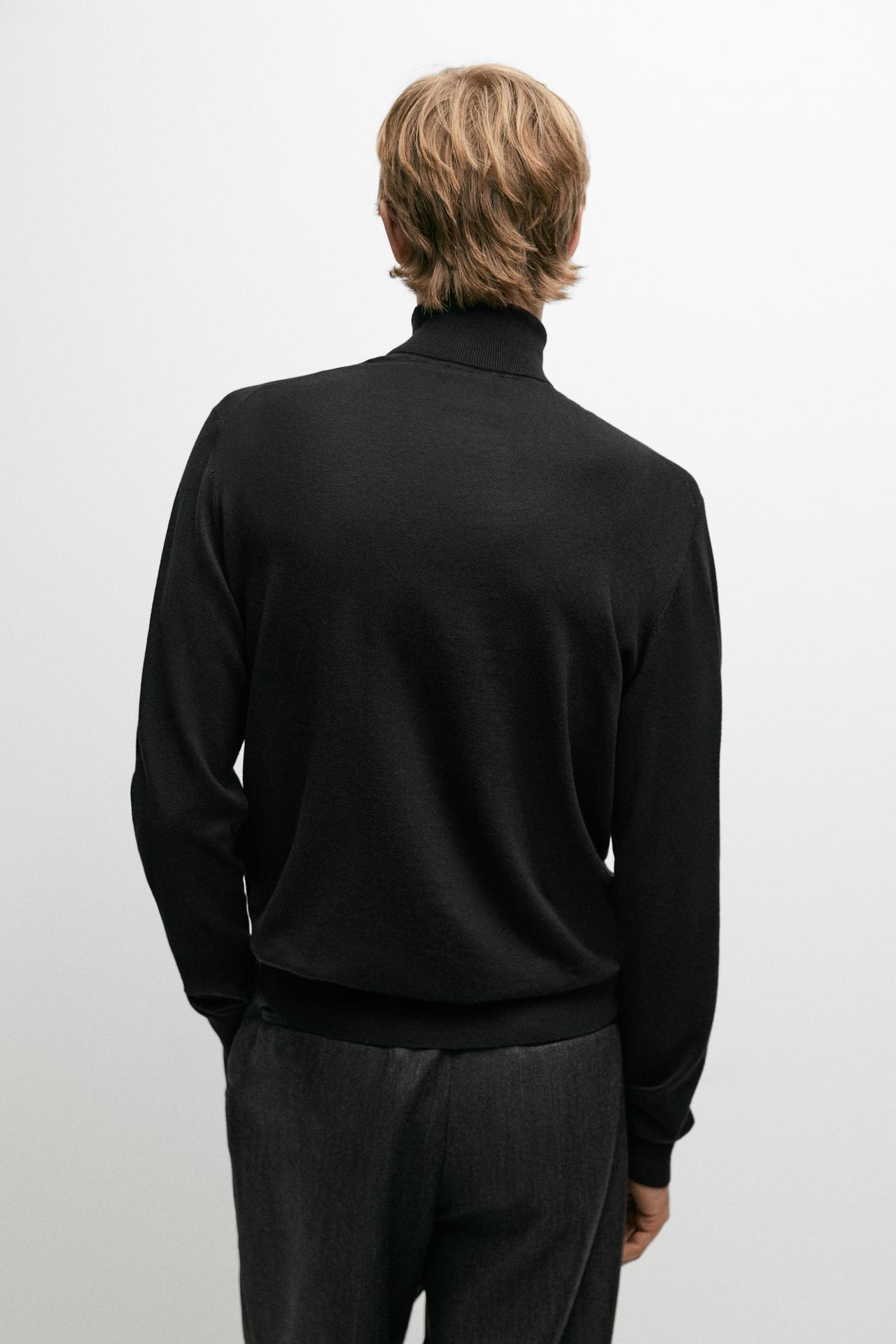 Cotton blend high neck knit sweater — BLACK