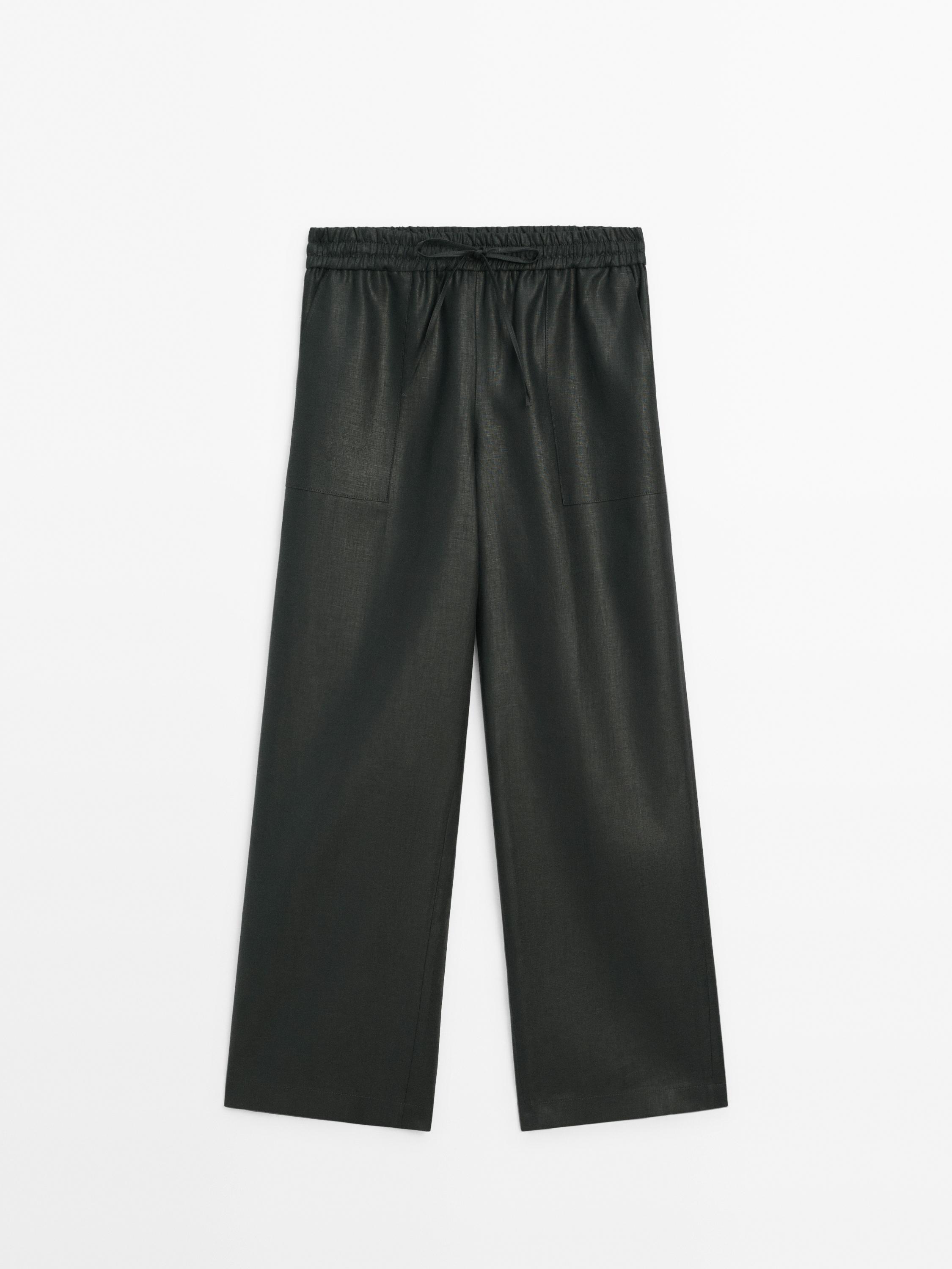 Waxed 100% linen wide-leg jogger trousers