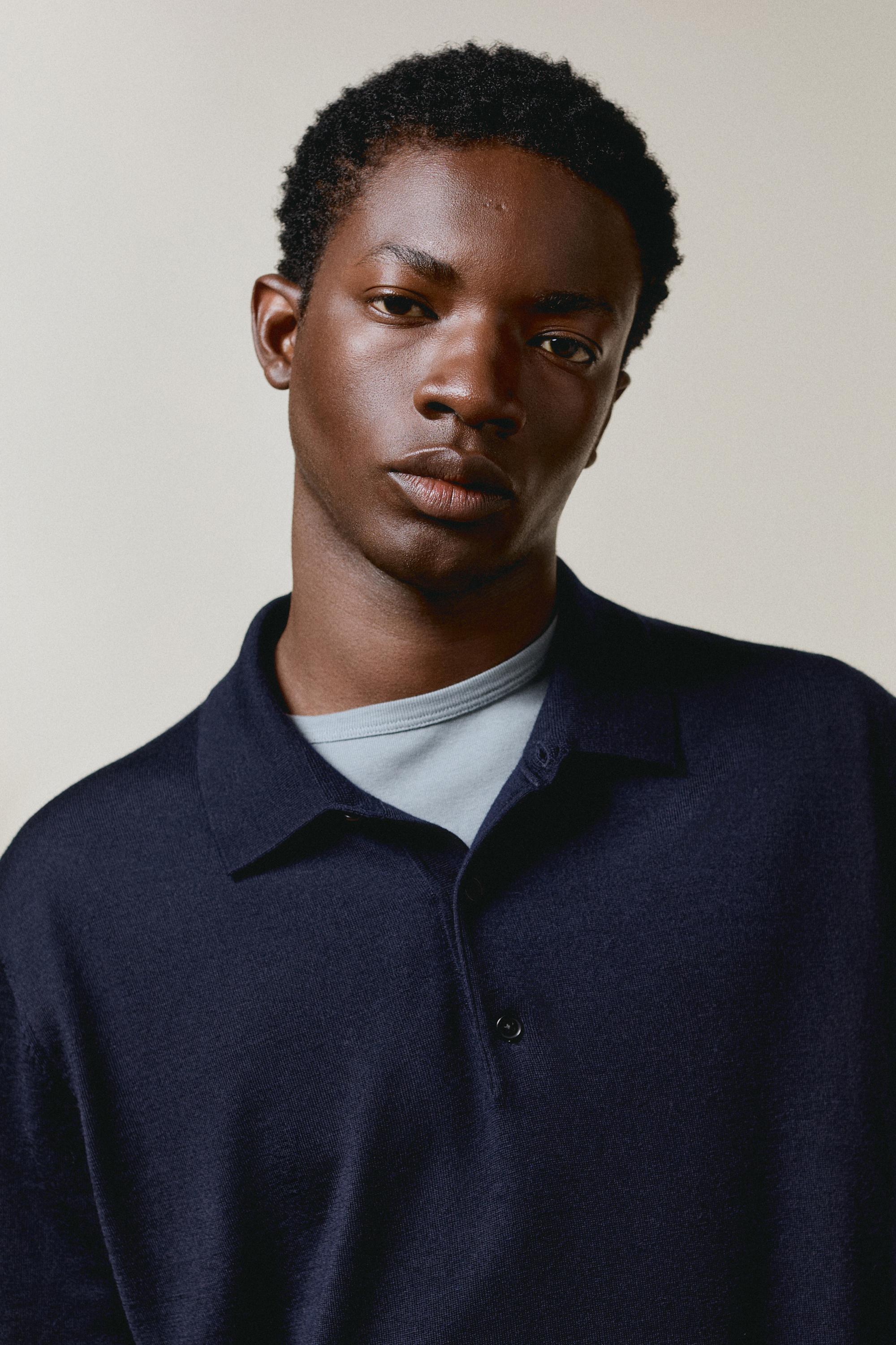 100% merino wool knit polo sweater — NAVY BLUE