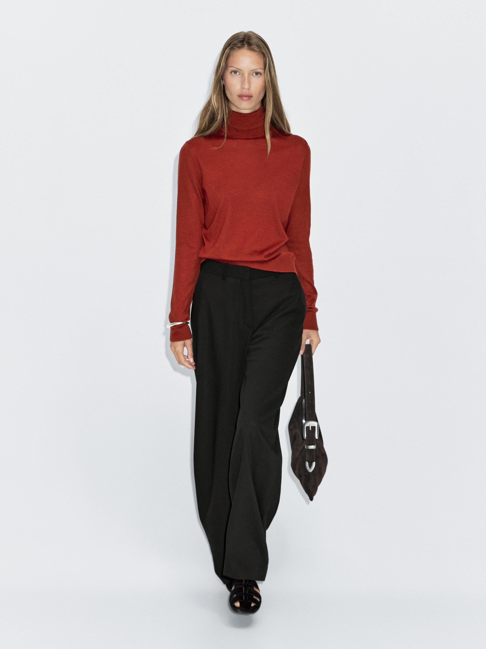 Camisola De Gola Alta Com Fazenda - Vermelho Escuro - M - Massimo Dutti - Mulher