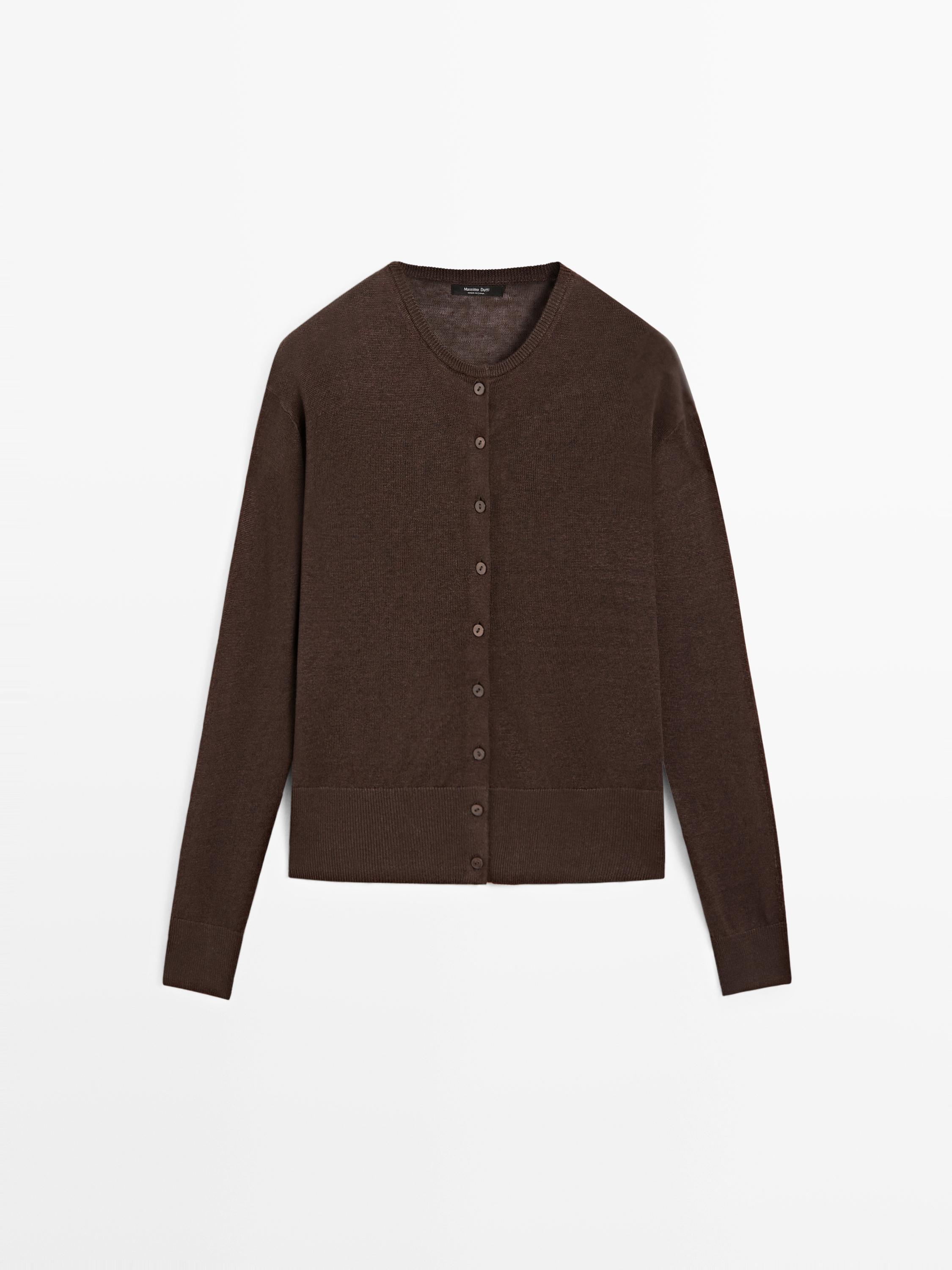 Düğmeli keten triko hırka