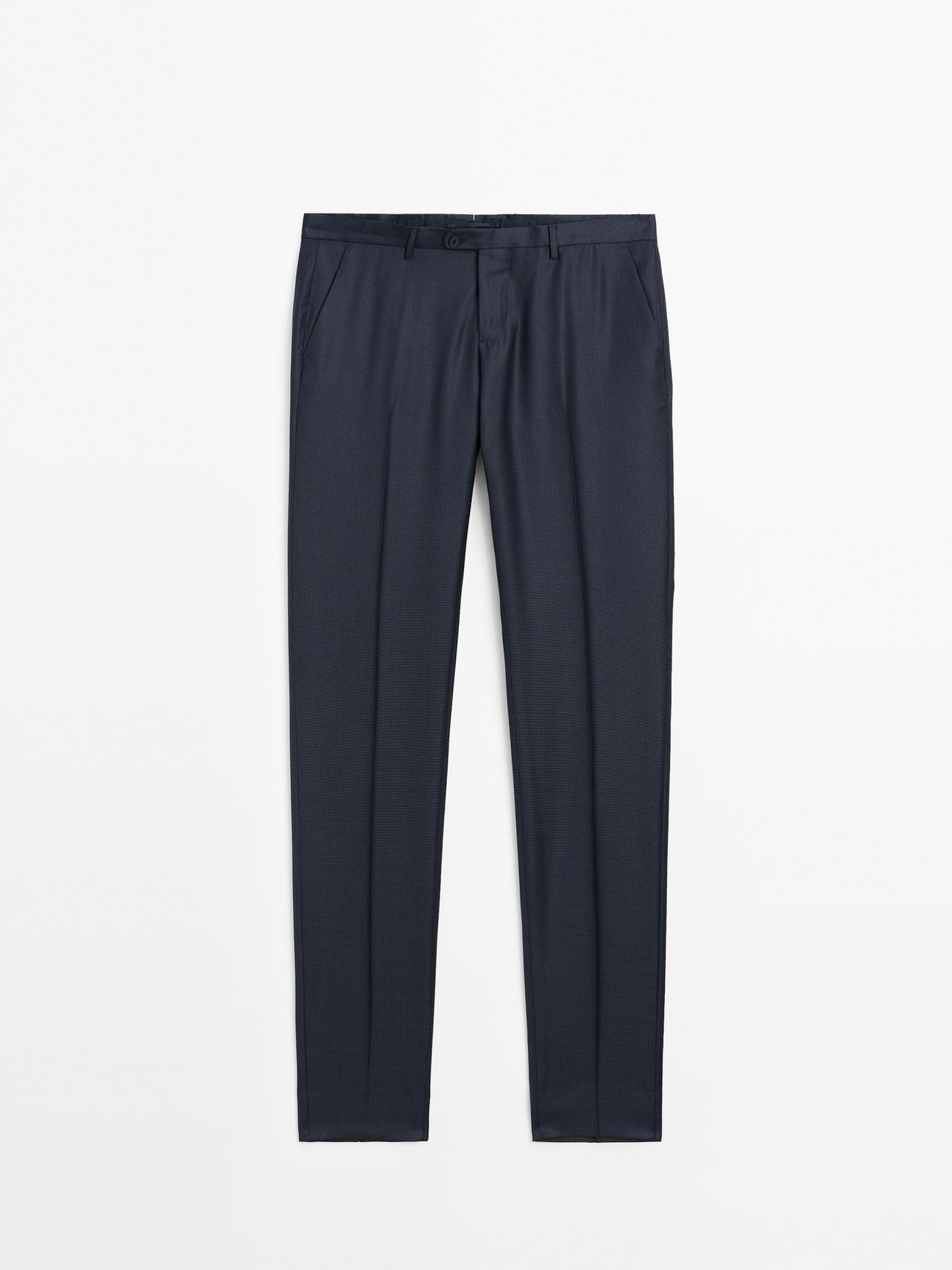 Massimo Dutti - Herre - Hanefjedsmønstrede Bukser I Uld - Marineblå - 46