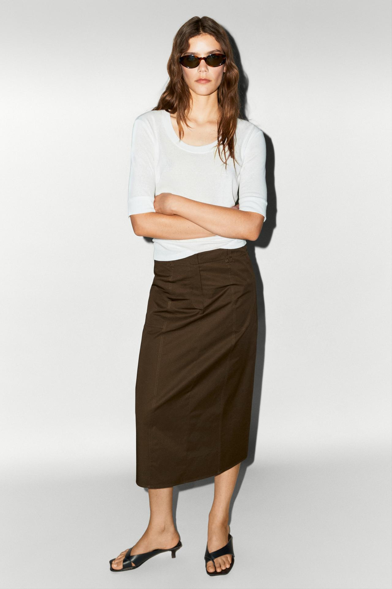 100% Cotton Midi Skirt — BROWN