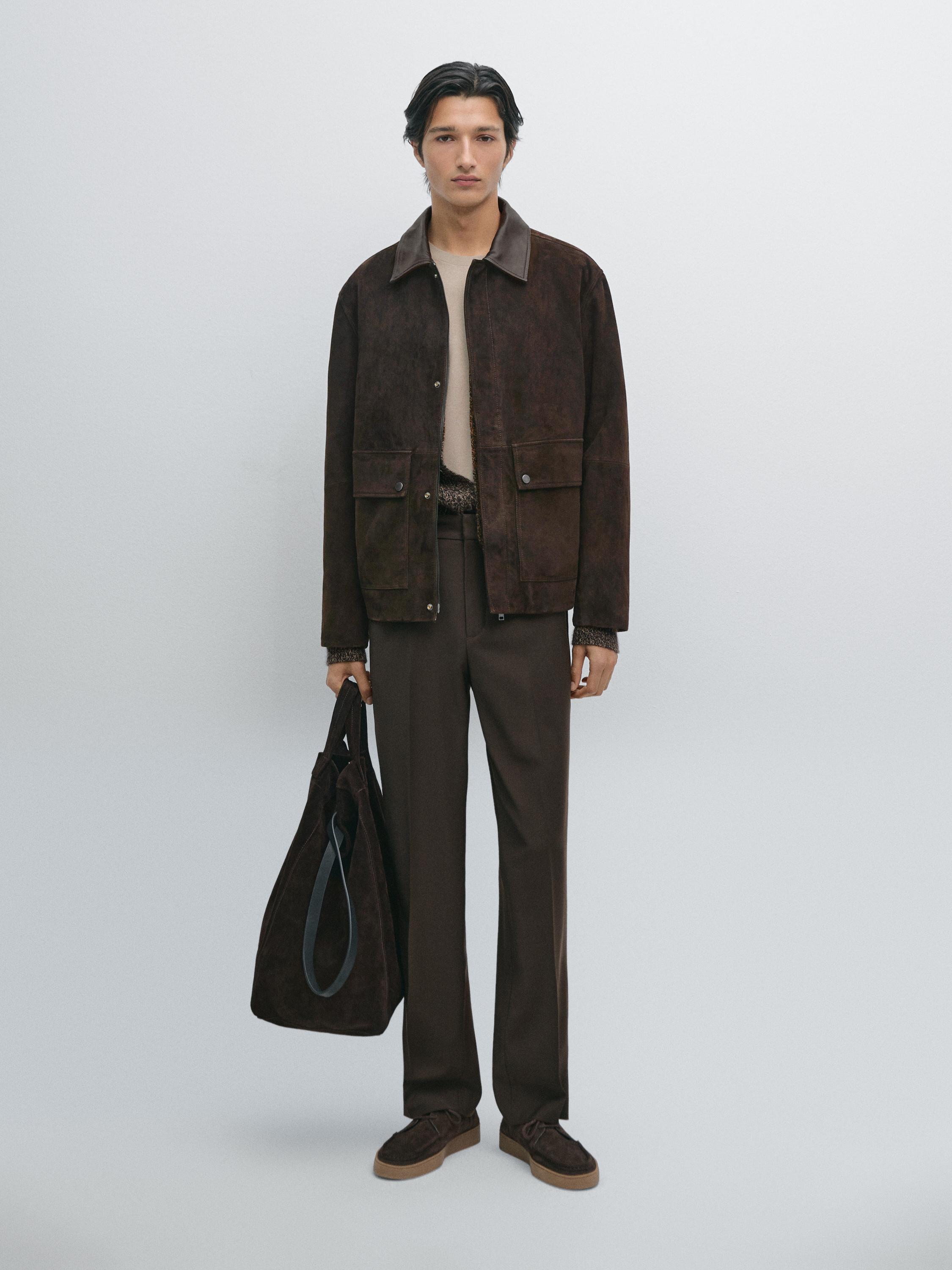 Suede leather jacket with collar detail