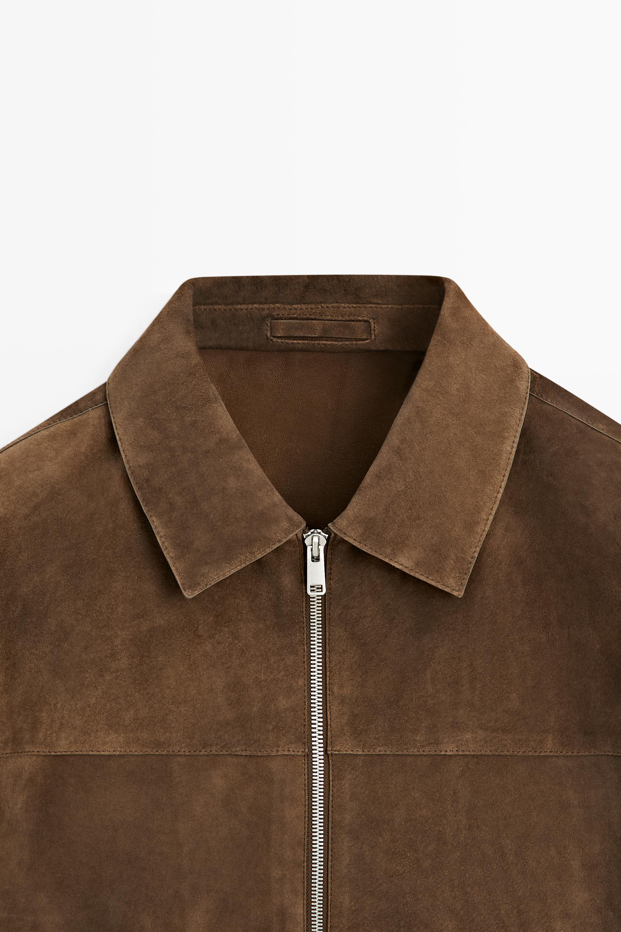 Suede leather zip-up jacket — BROWN MARL