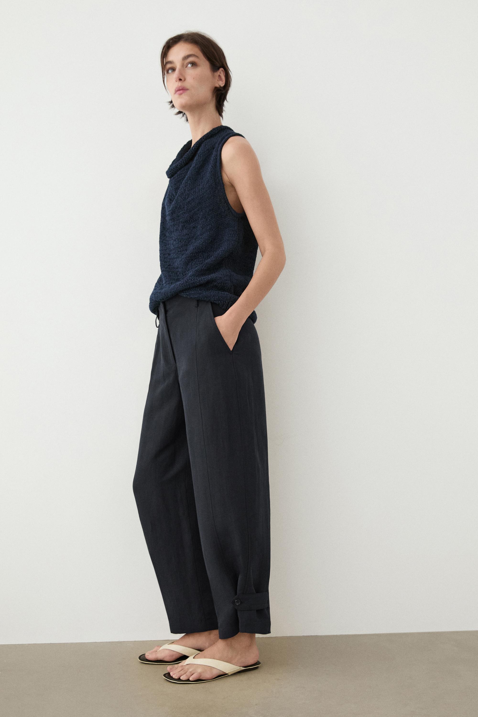 Flowing linen blend pants with buttoned tab detail — NAVY BLUE