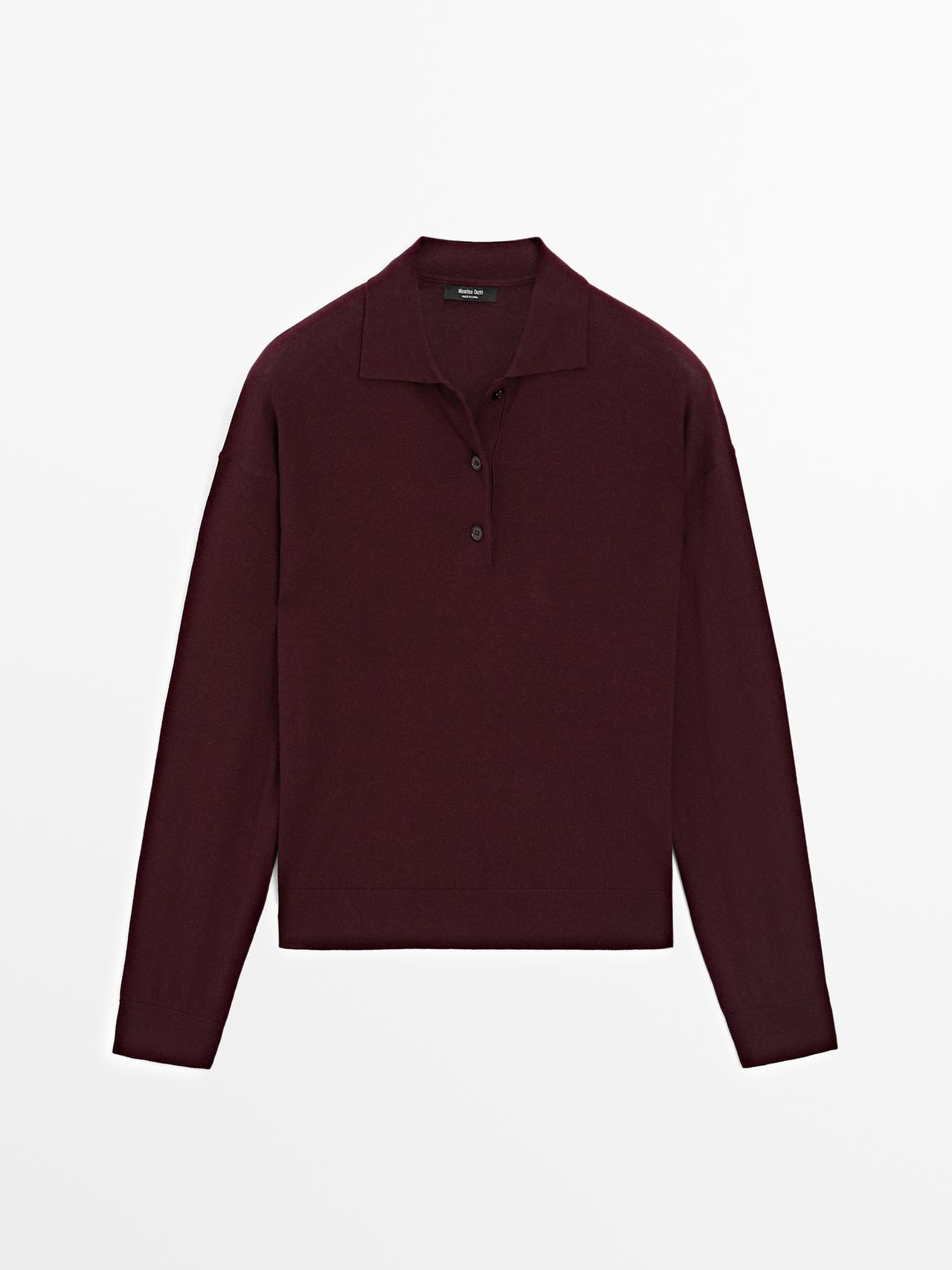 Massimo Dutti - Dame - Strikket Polotrøje I Bomuldsblanding - Granatrød - Xl