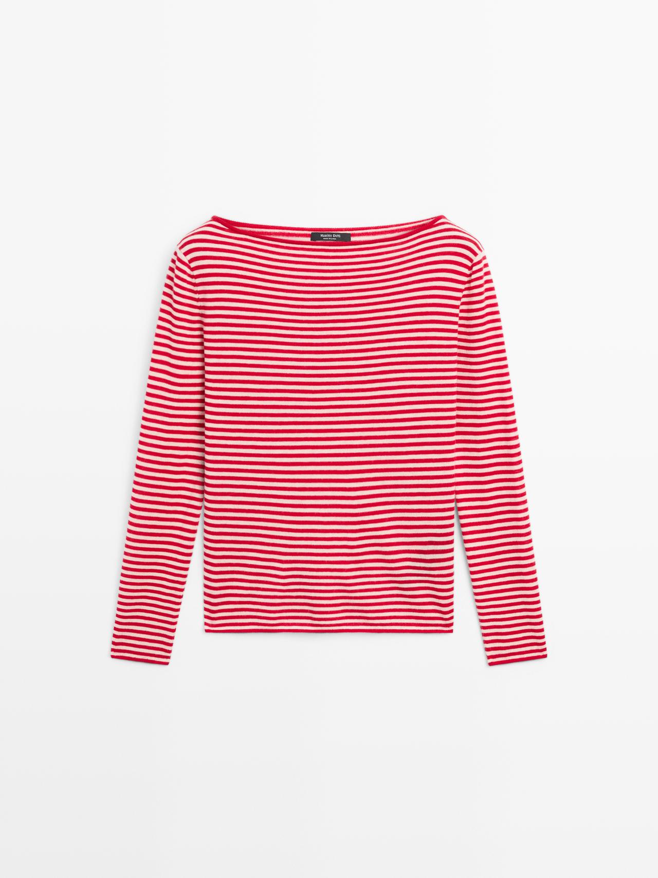 Massimo Dutti - Dames - Gestreepte Tricot Trui Met Lange Mouw - Rood - Xs
