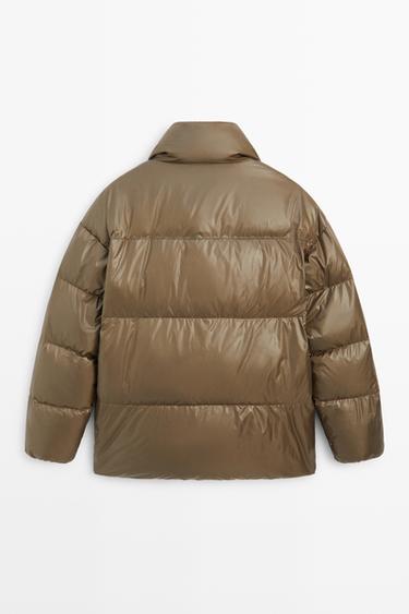 Down jacket with plaid interior detail — CAMEL 6