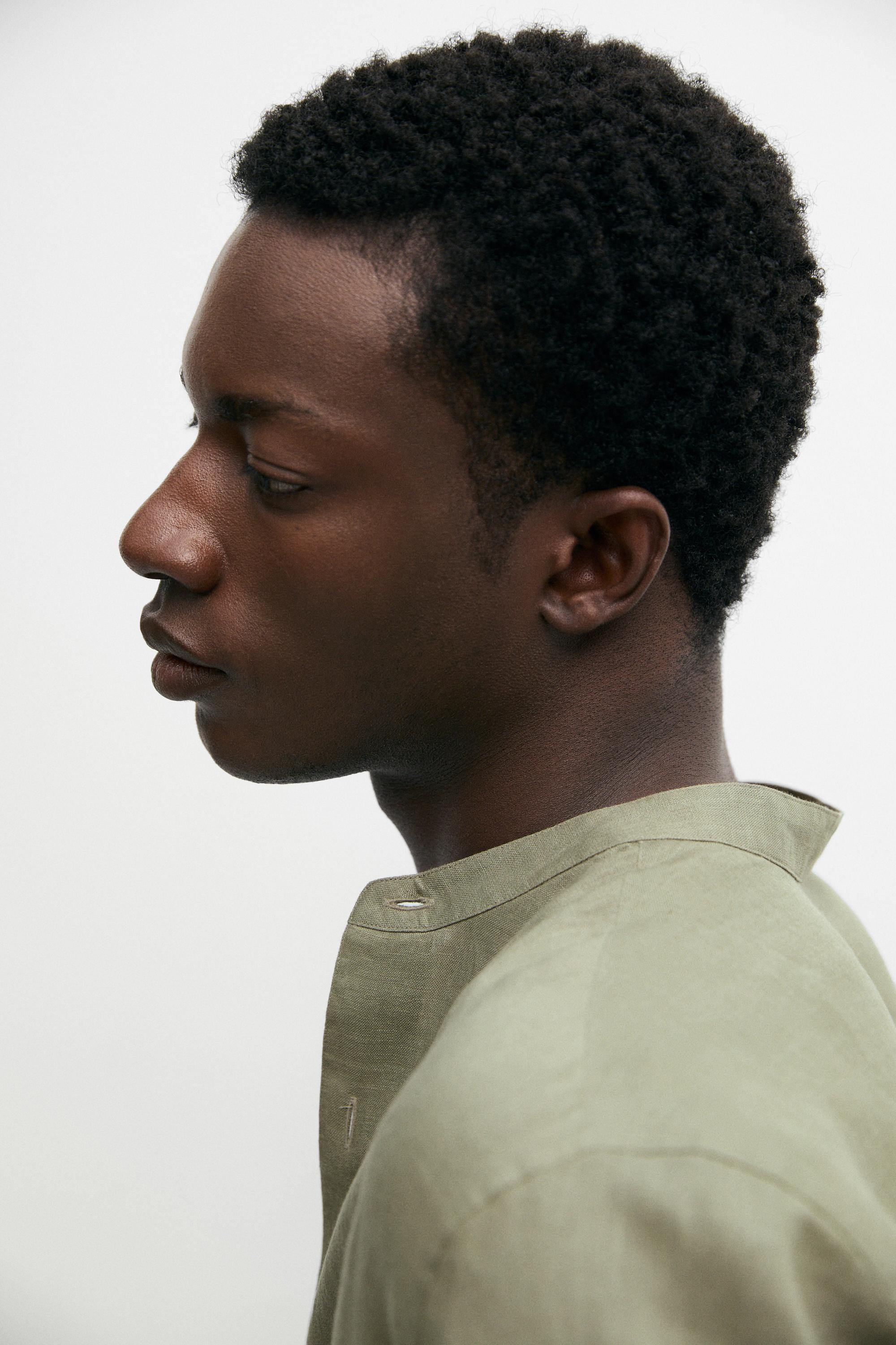 100% linen regular fit stand collar shirt — PALE GREEN