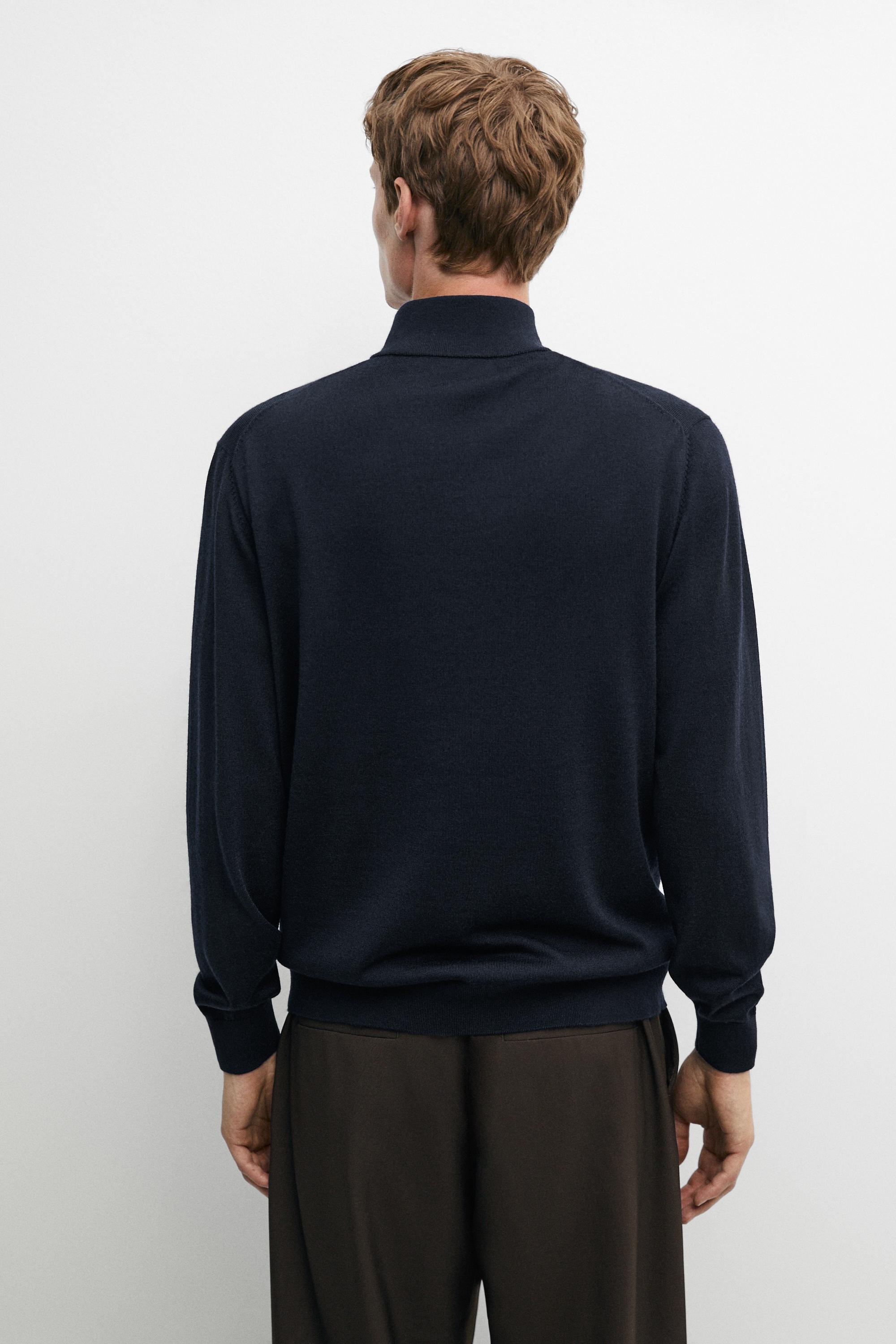 Merino wool blend mock neck knit sweater — NAVY BLUE