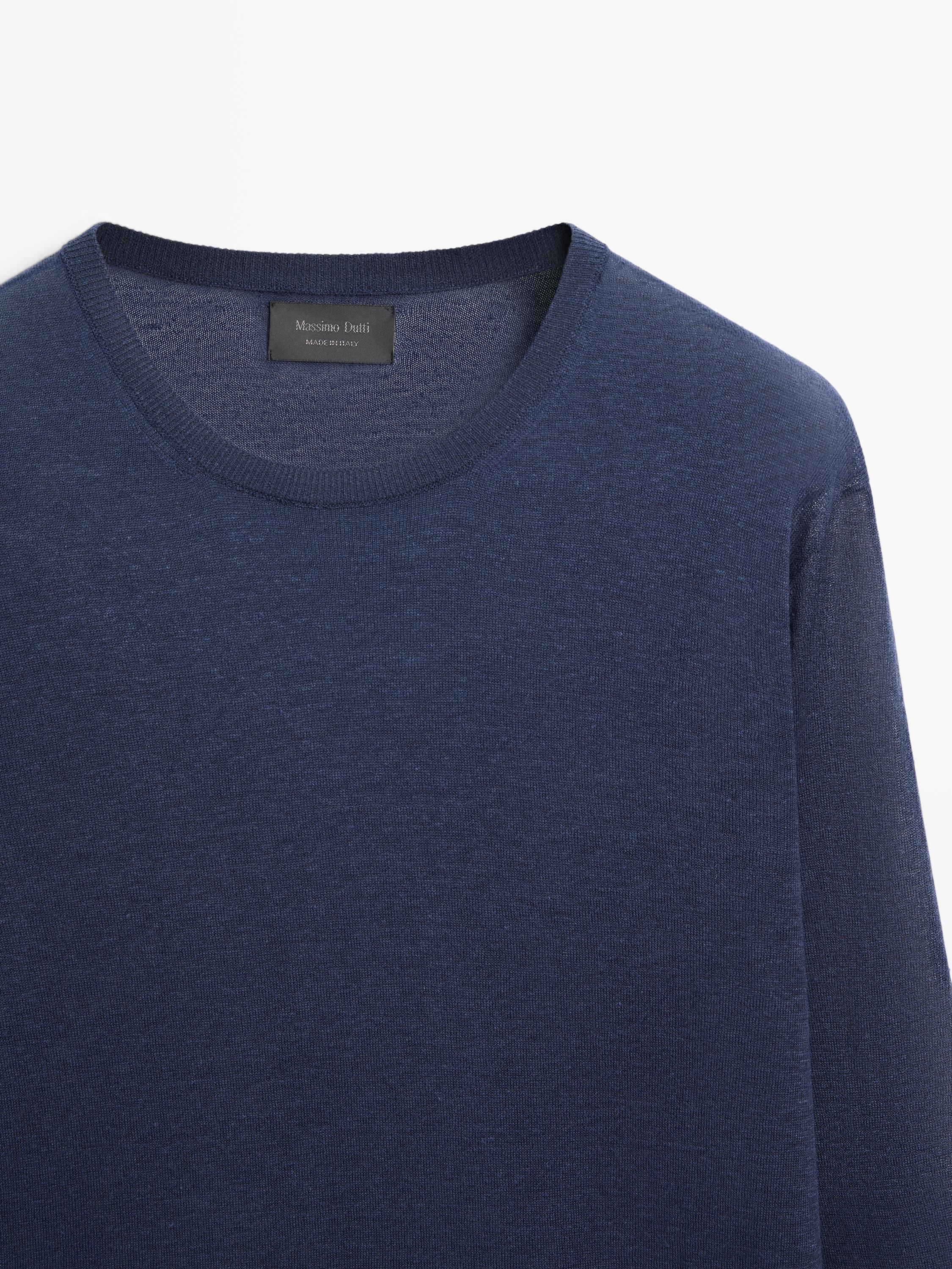 Linen and cashmere knit crew neck sweater — NAVY BLUE