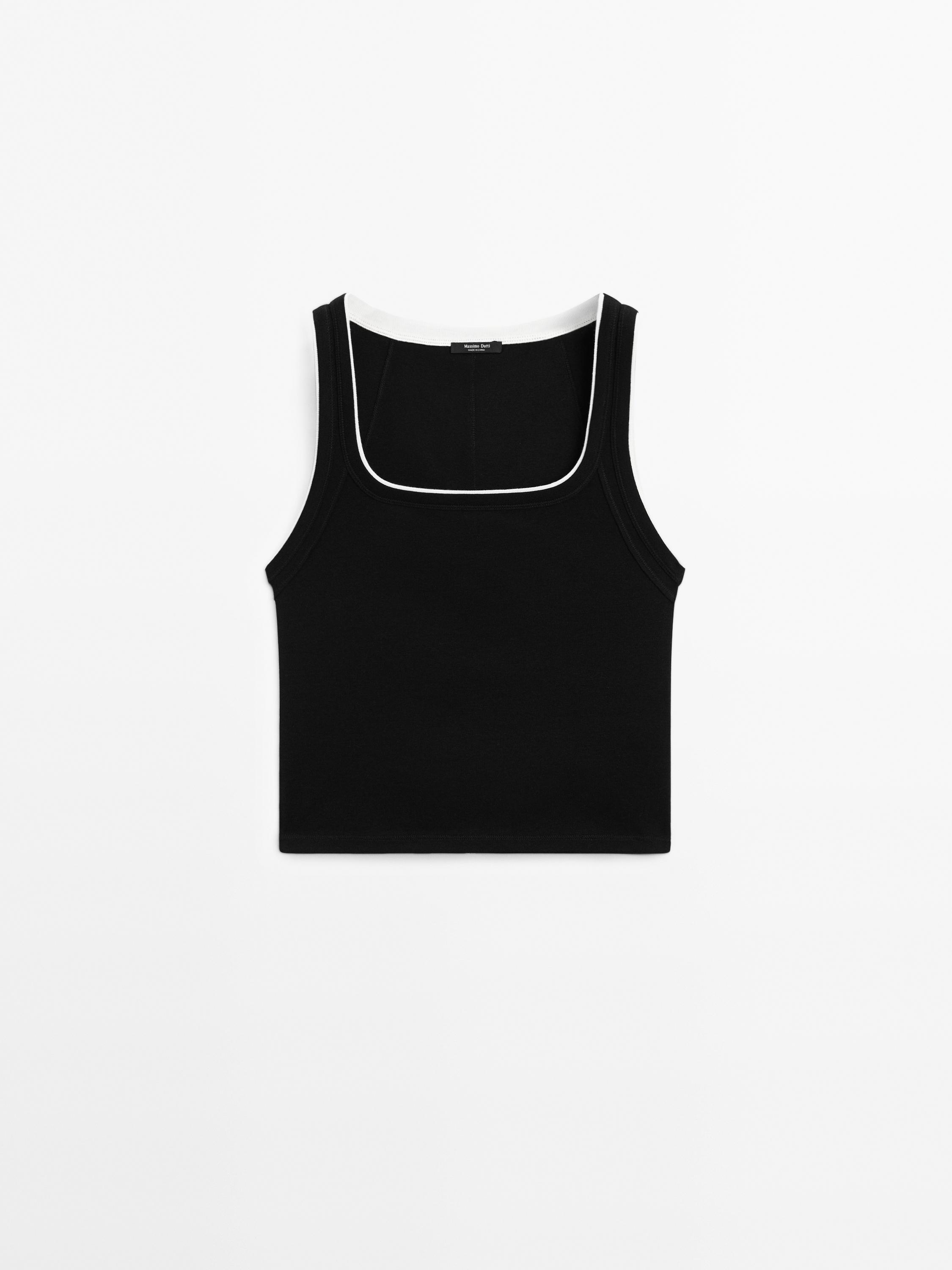 Contrast ribbed cotton T-shirt