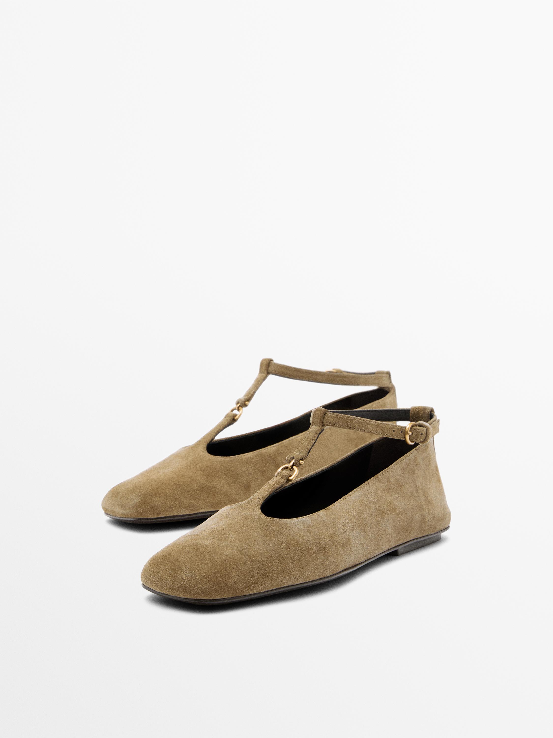 Split suede ballet flats with instep strap — TAUPE