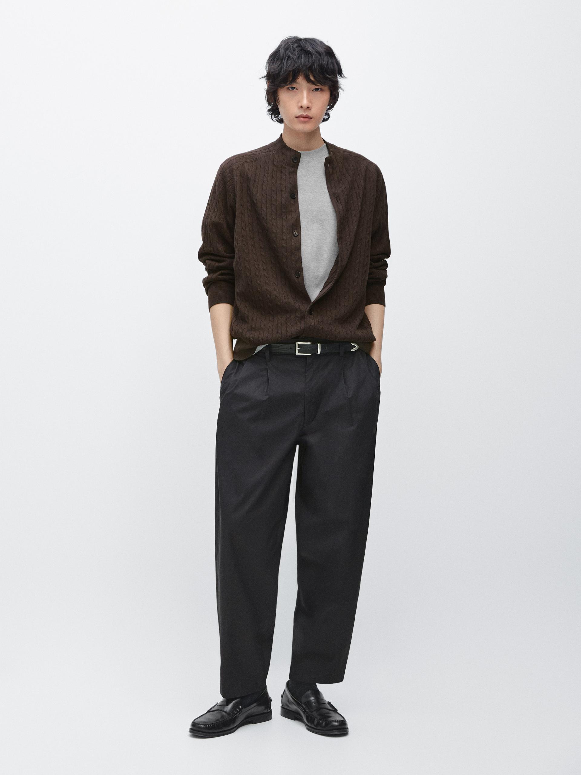 Knitted Cardigan With Button Detail, Cotton Blend - Cioccolato - M - Massimo Dutti - Maschile
