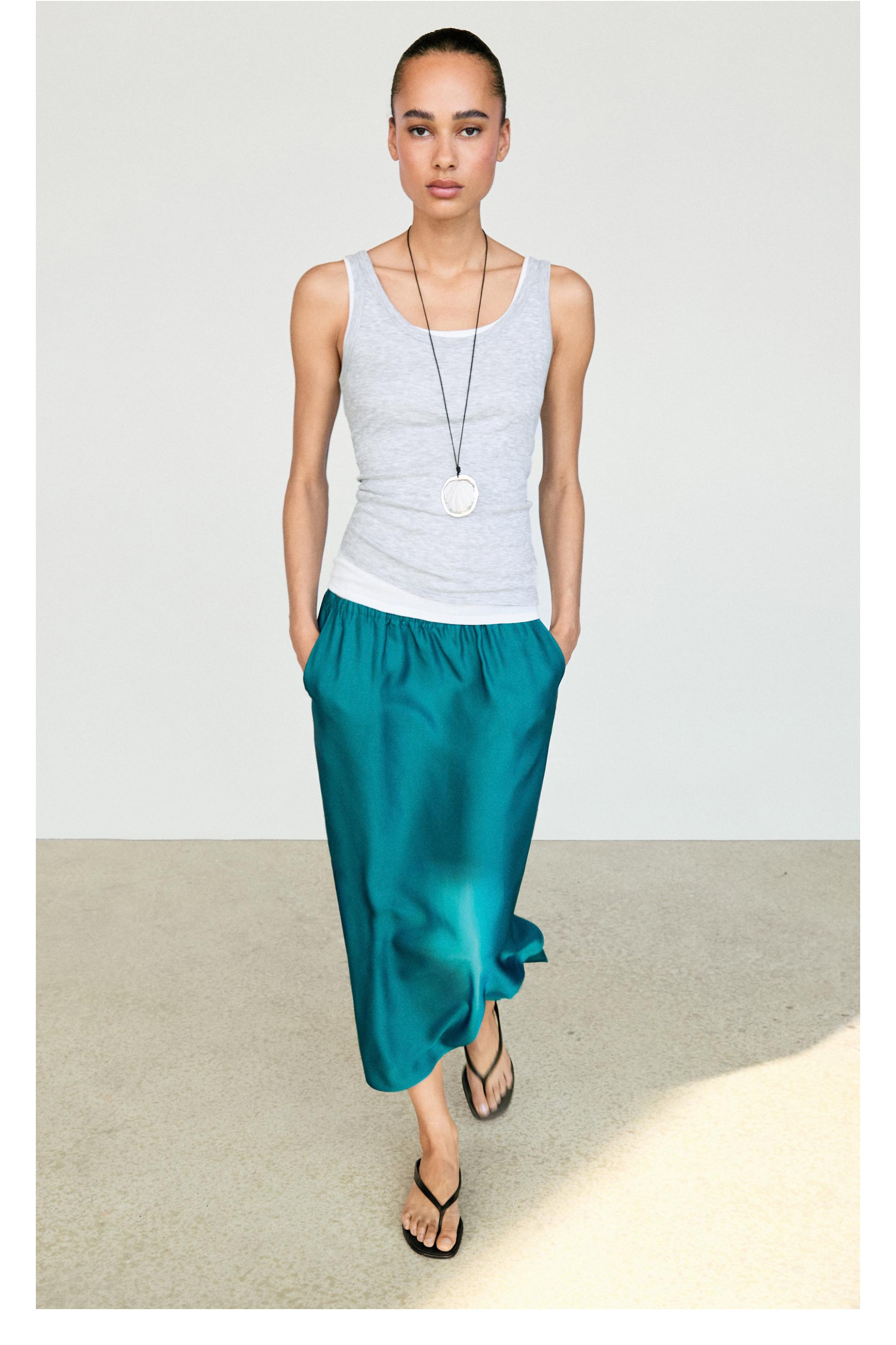 Satin midi skirt with pockets — BLUE