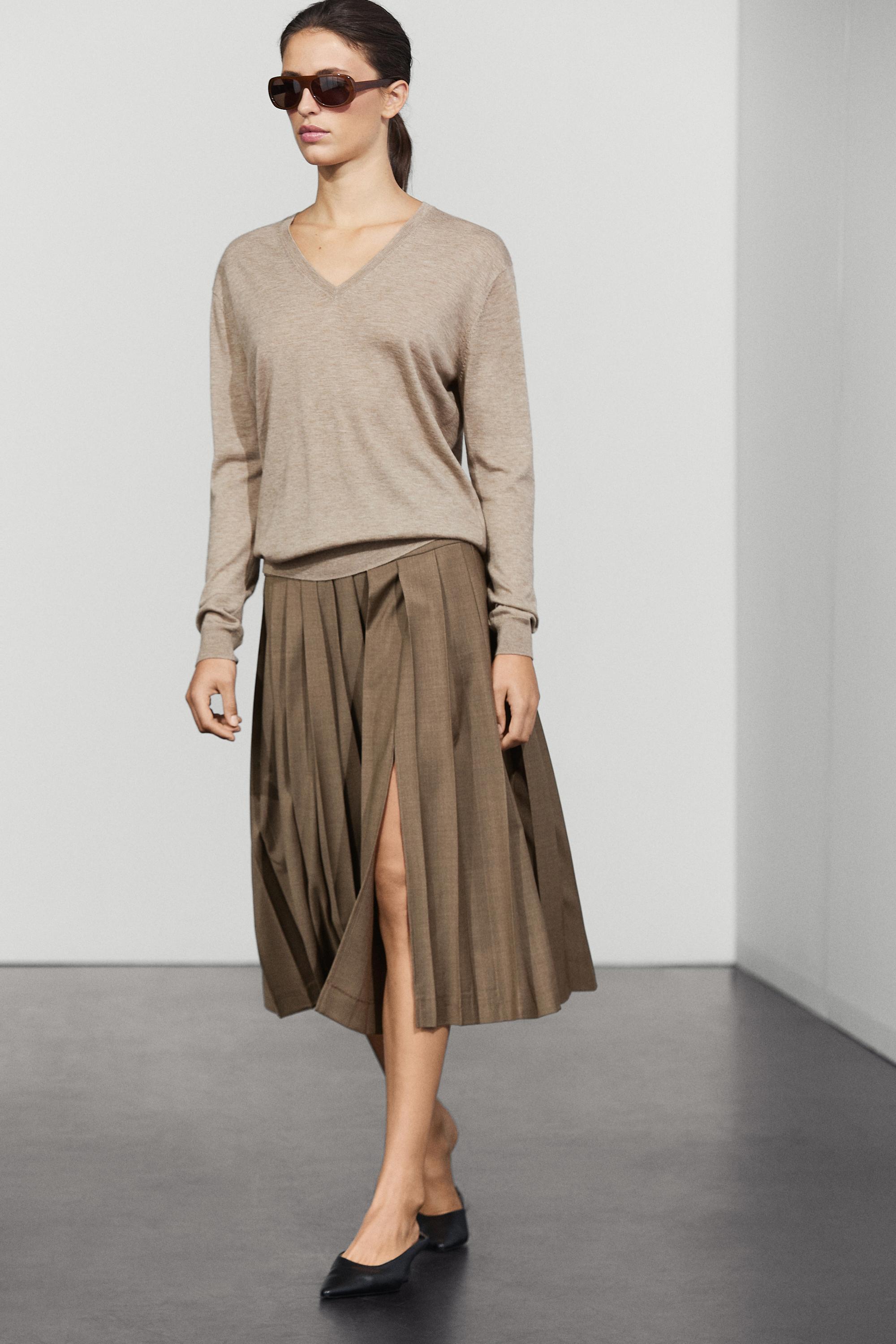 Massimo Dutti Yün karışımlı pilili midi etek