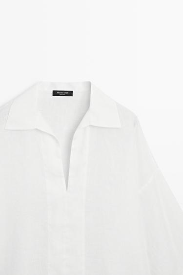 100% linen polo collar shirt — WHITE 4