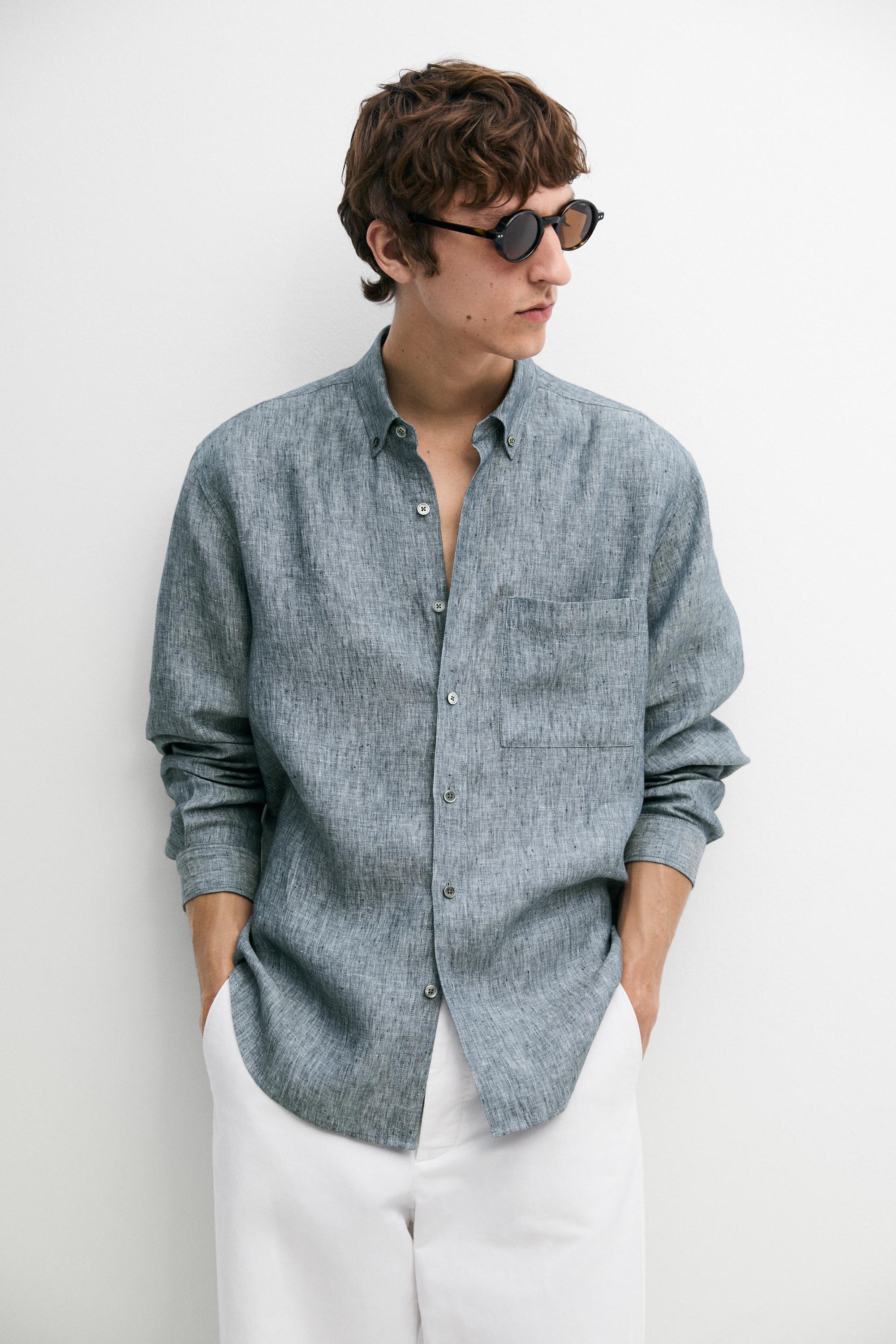 Camisa regular fit twill melange 100 % liño