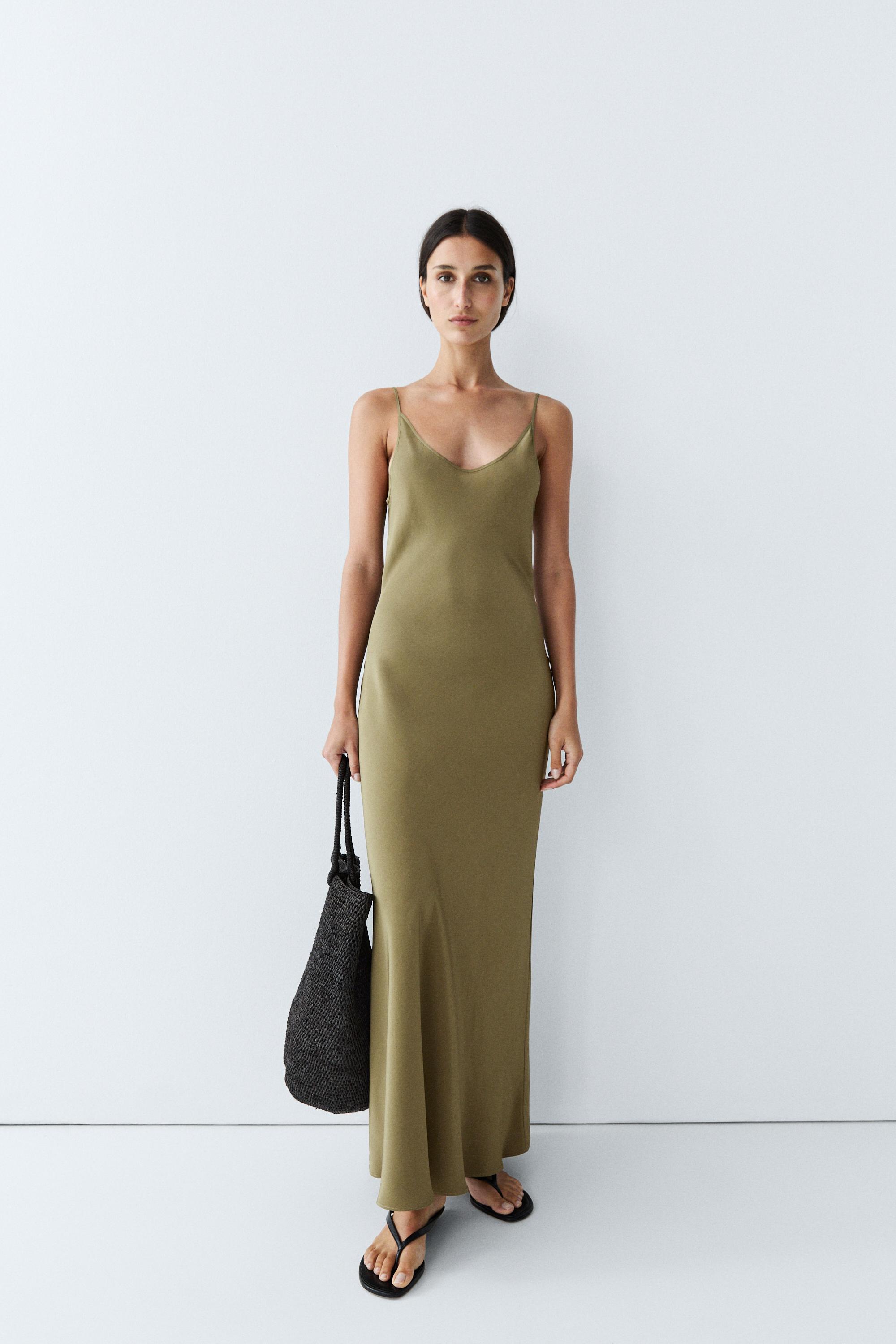 Spaghetti strap lingerie midi dress — GREEN