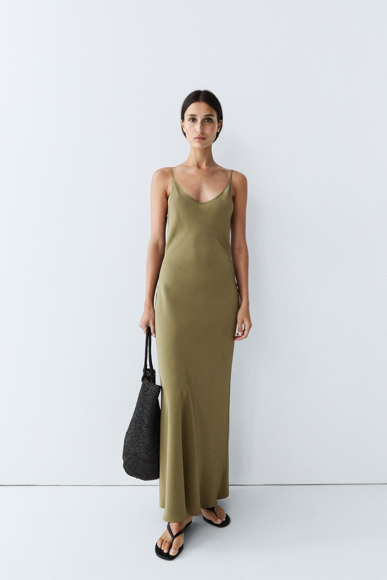 Spaghetti strap lingerie midi dress — GREEN