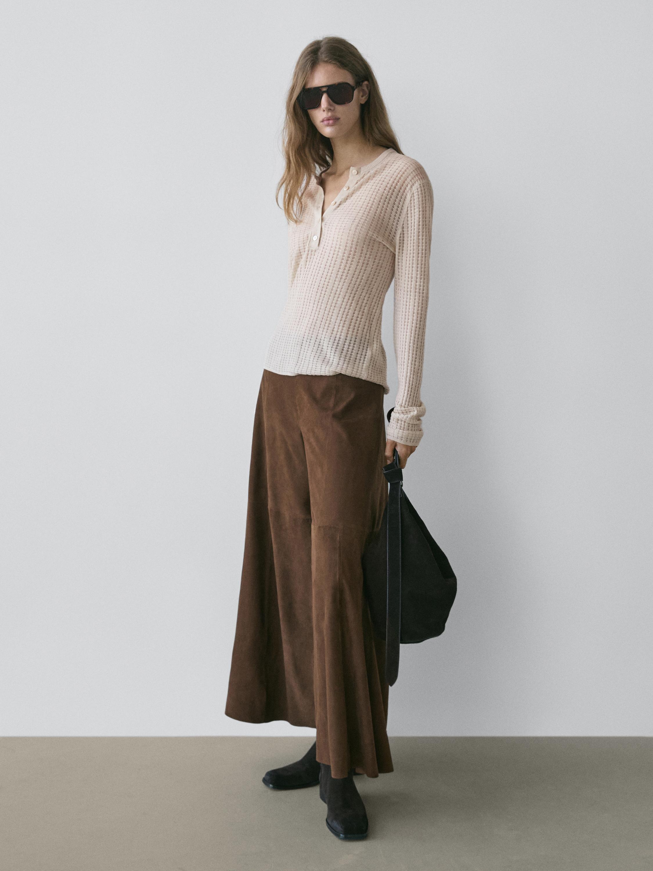 Cutwork wool blend henley sweater — CREAM