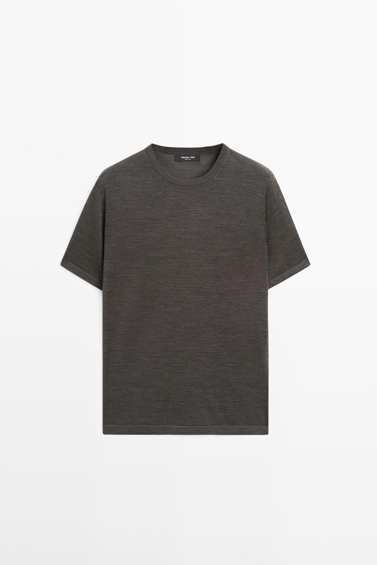 Wool-blend short-sleeve knit sweater — Greyish green