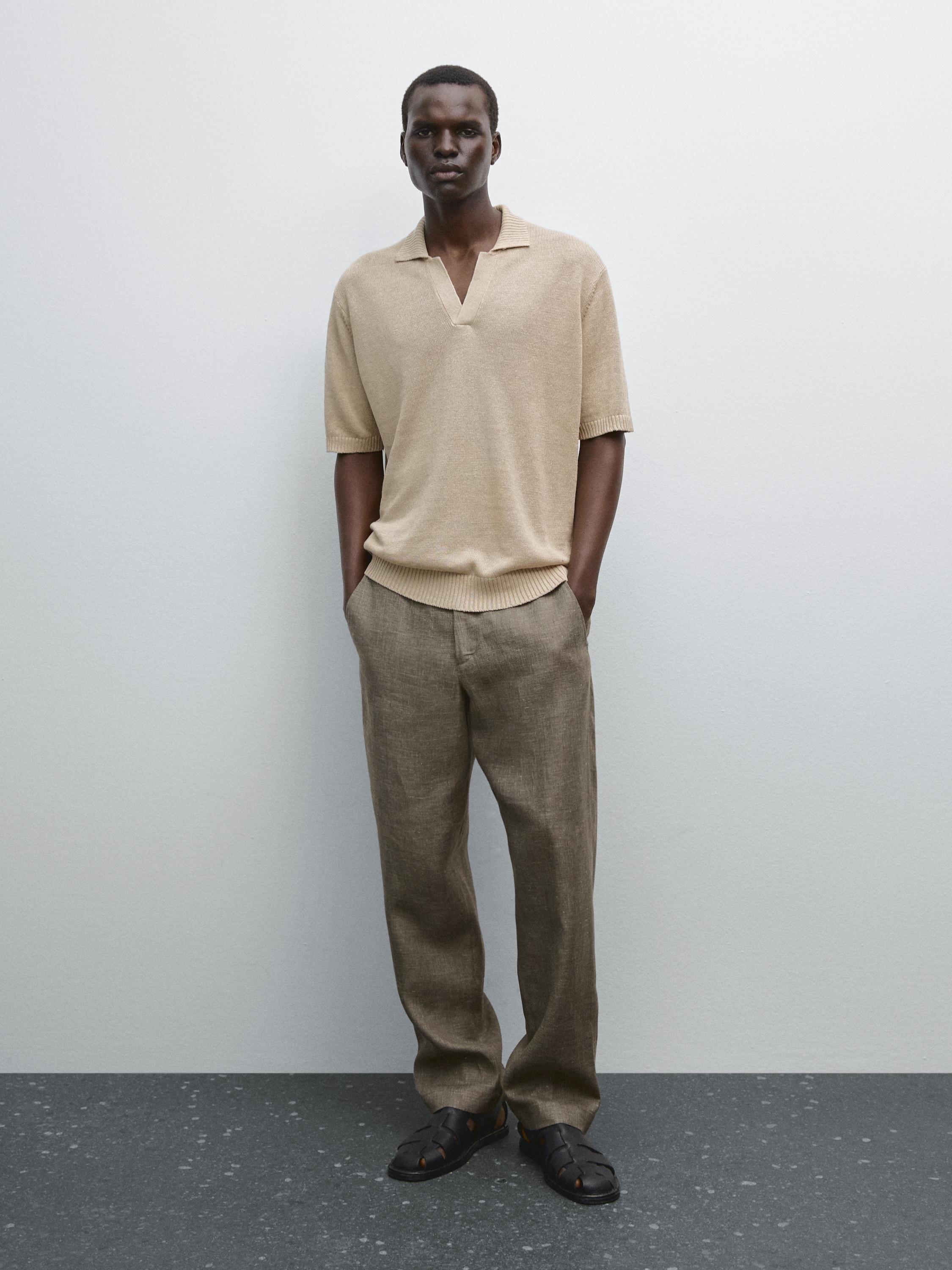 Knit V-neck polo shirt BEIGE1